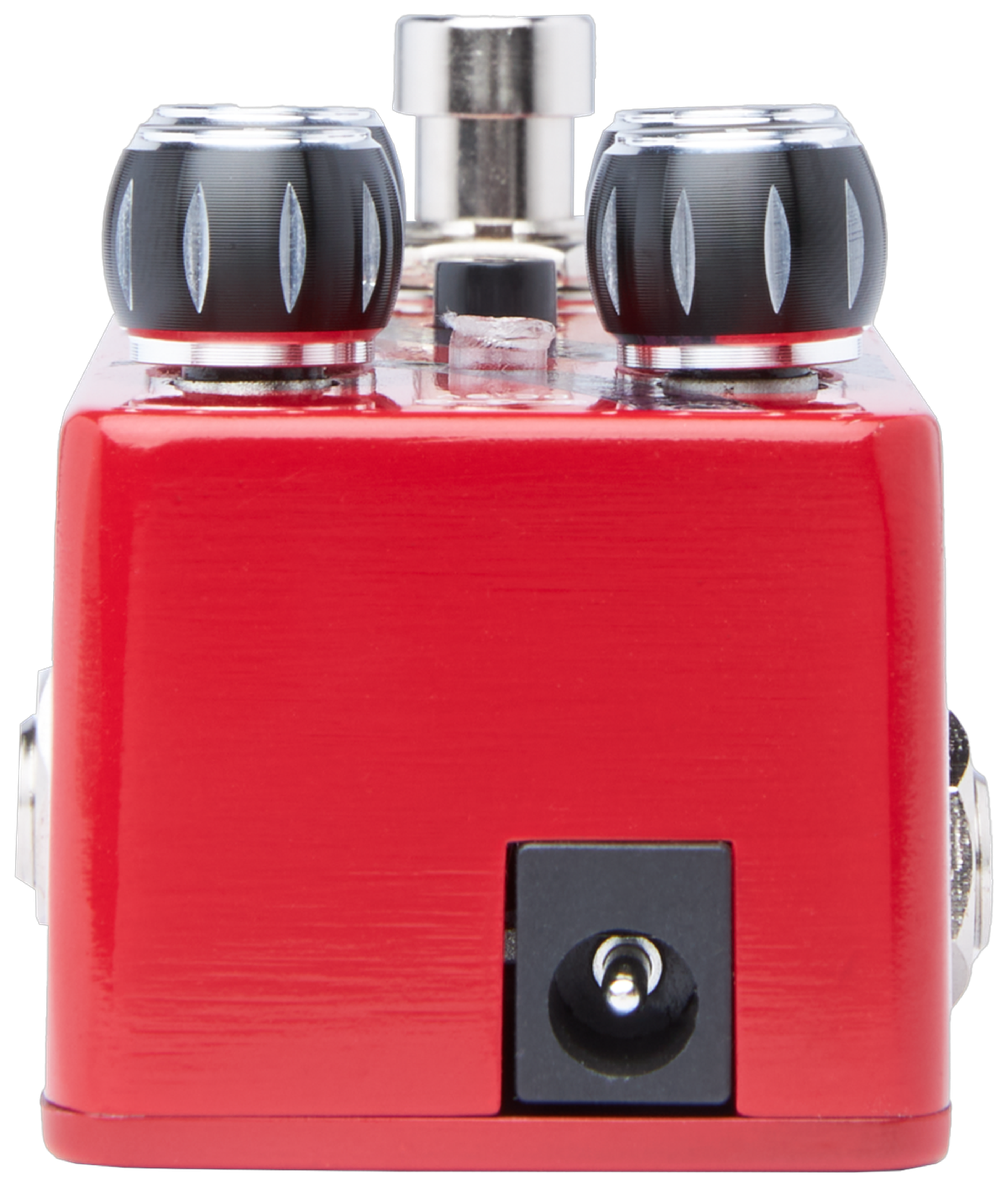 Pigtronix Octava, three-quarter micro enclosure view, red finish, black knobs, silver footswitch, side jacks