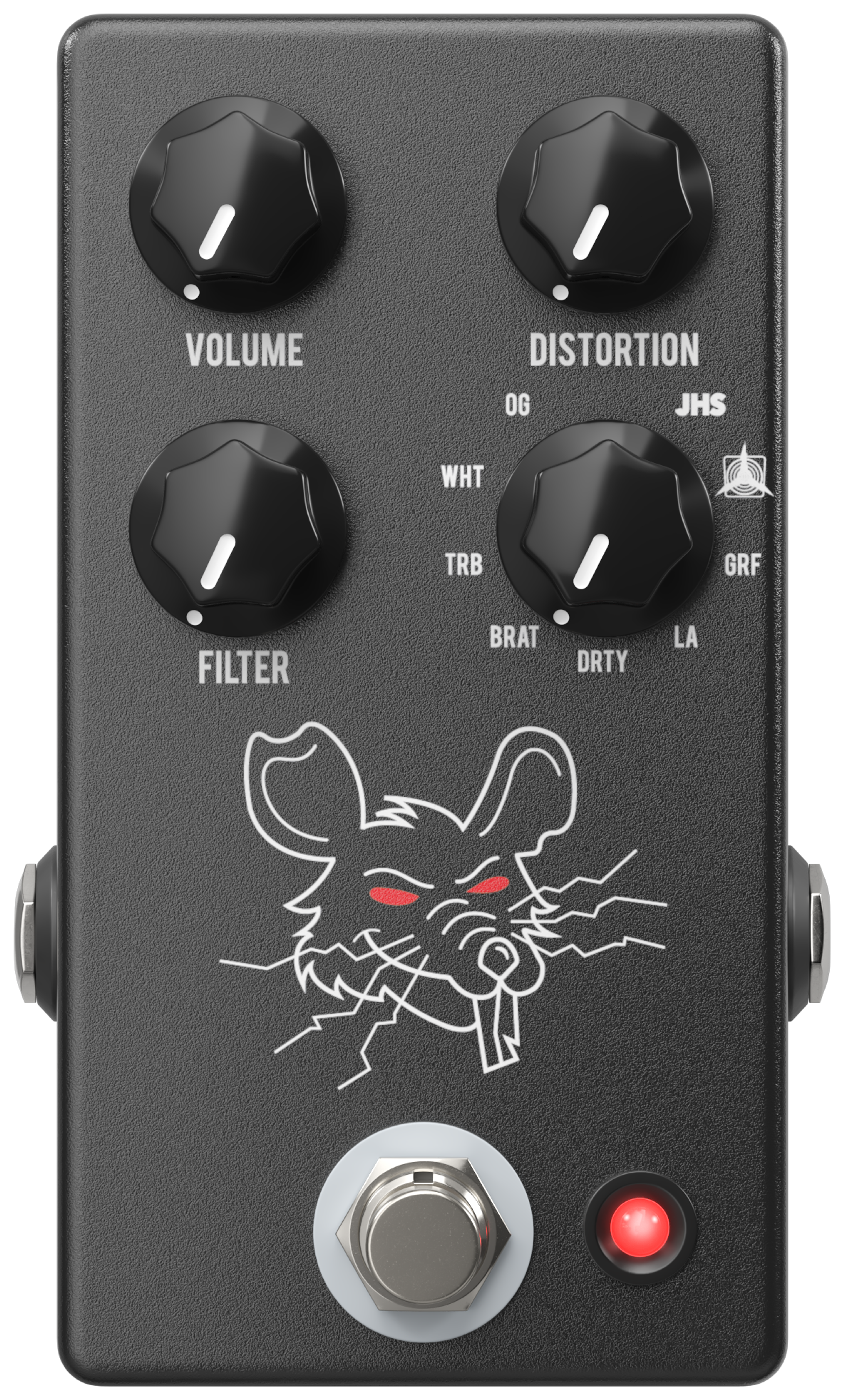 JHS PackRat, top-down view, black enclosure, four black knobs, white rat graphic with red eyes