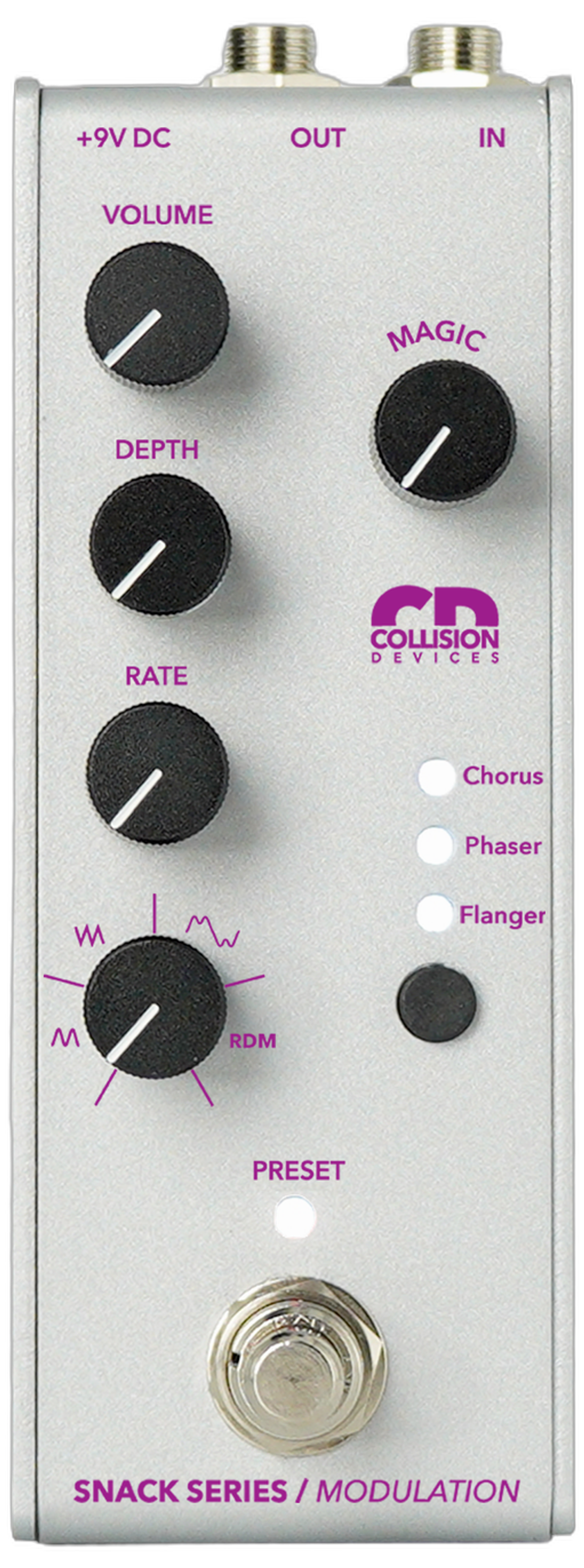 Collision Devices Snack Modulation, top-down packshot, silver enclosure, Volume Depth Rate Waveform Magic knobs, Chorus Phaser Flanger LEDs