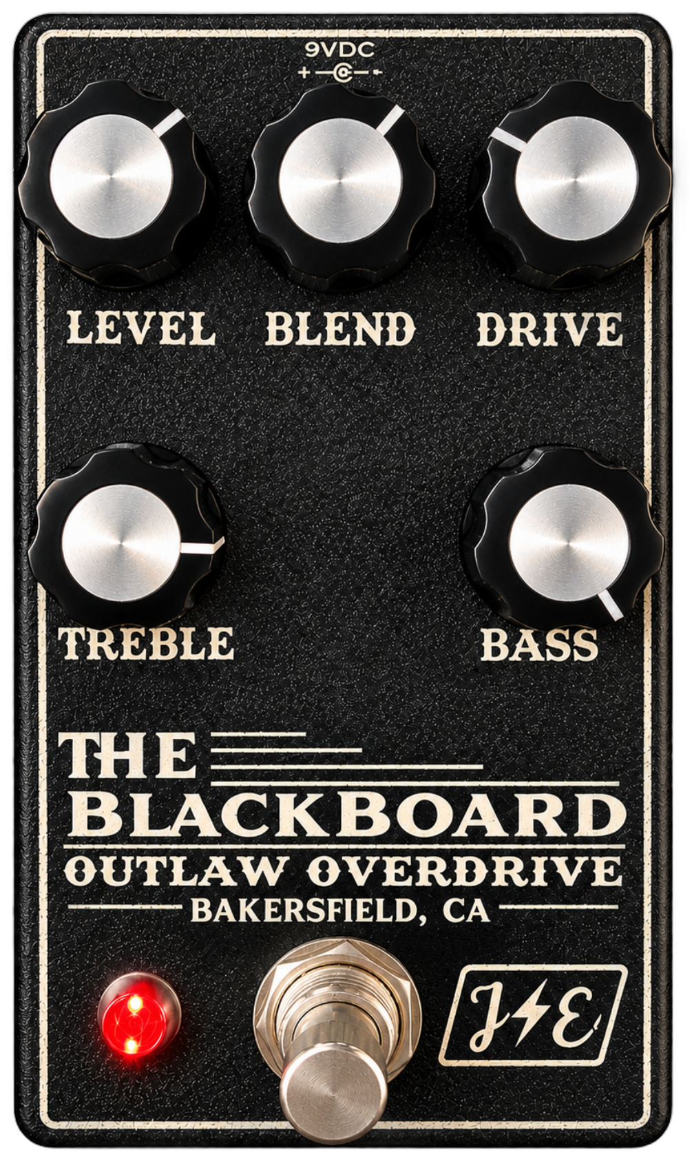 Jade Electric Blackboard Outlaw Overdrive, top-down, black enclosure with five silver knobs, cream chalk-style lettering and red LED