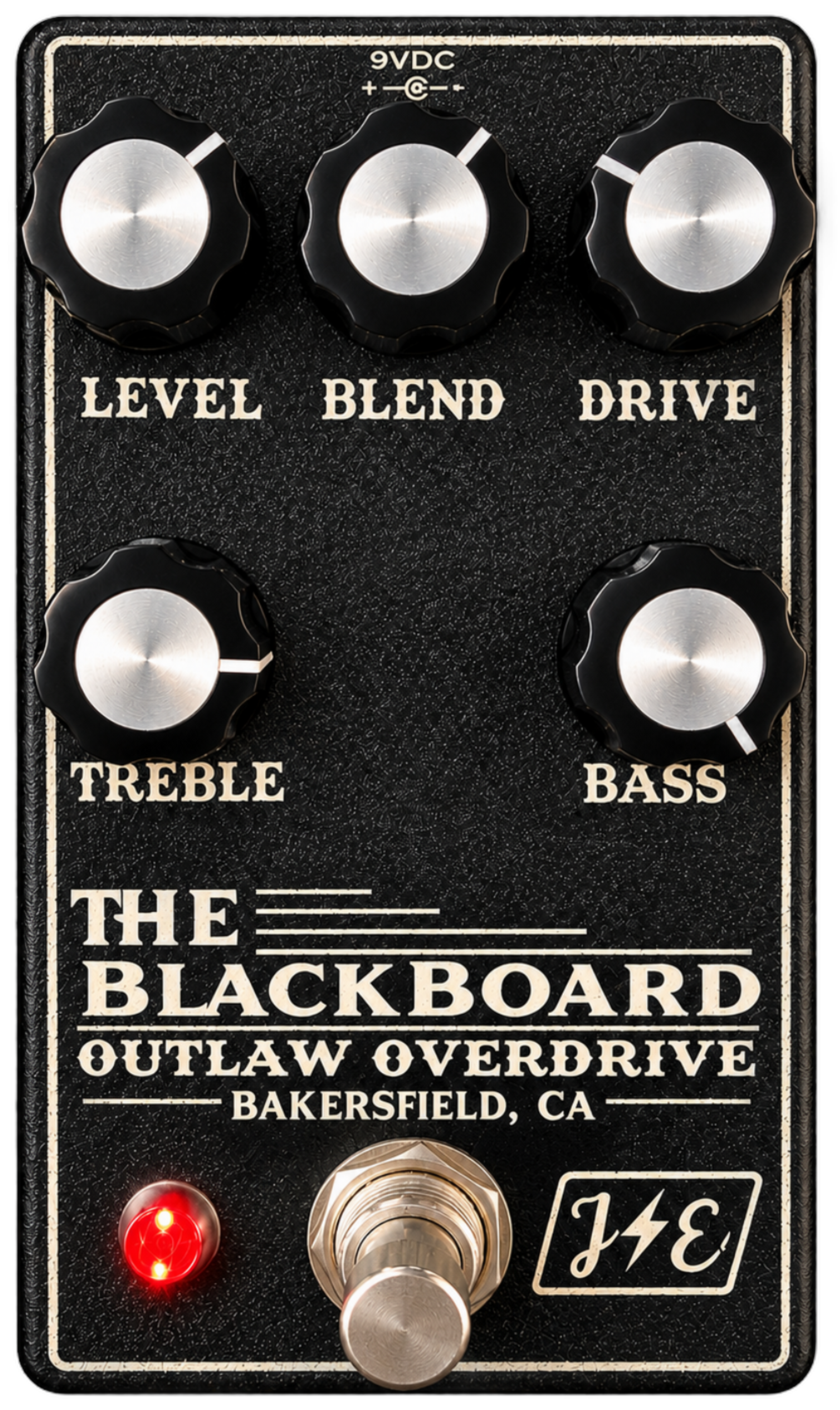 Jade Electric Blackboard Outlaw Overdrive, top-down, black enclosure with five silver knobs, cream chalk-style lettering and red LED