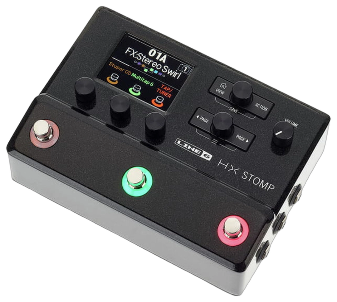 Line 6 HX Stomp, three-quarter view, black sparkle enclosure, colour LCD, three footswitches with LED rings