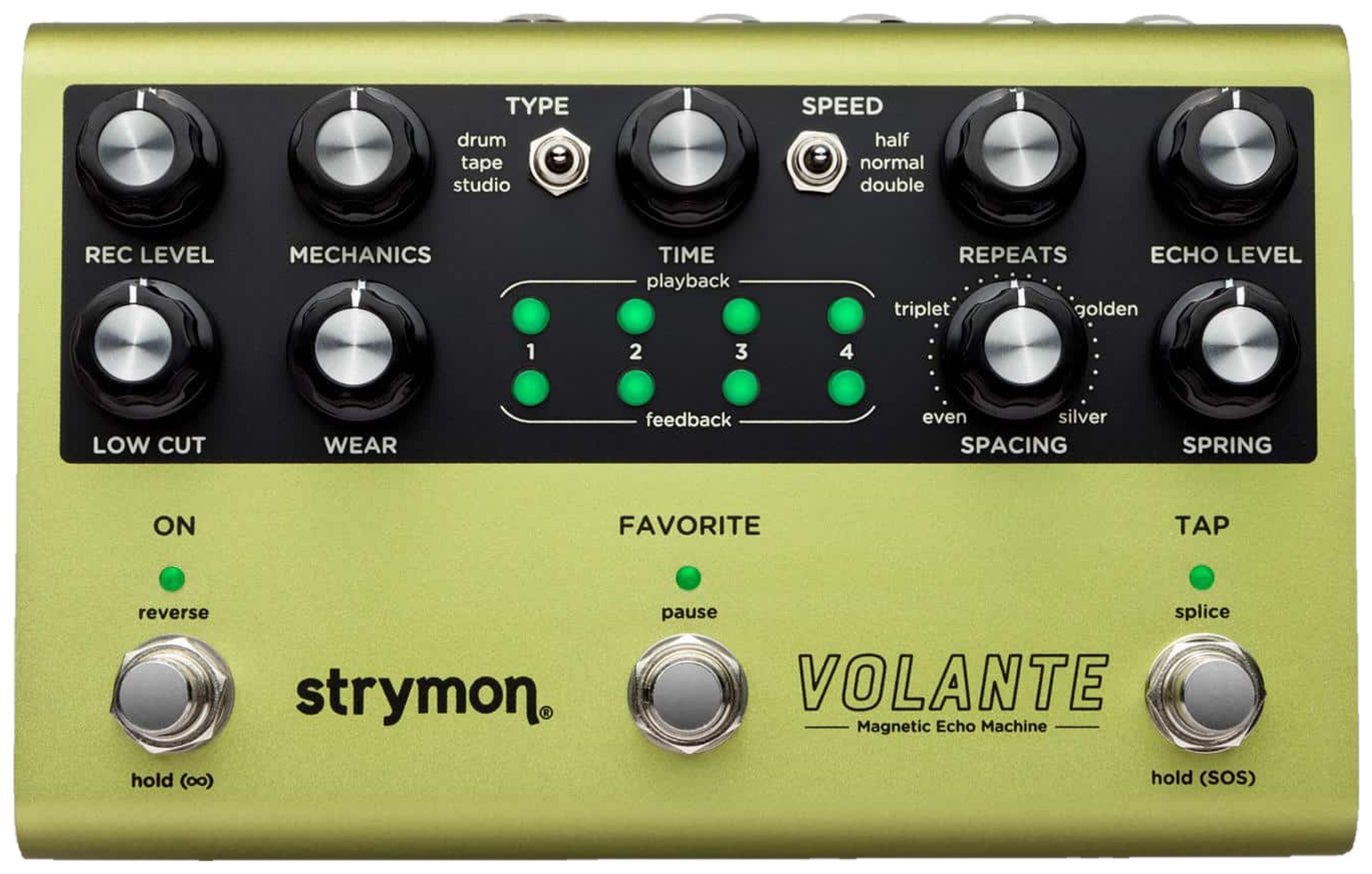 Strymon Volante, top-down view, olive-green housing, rows of knobs, four head buttons and three footswitches