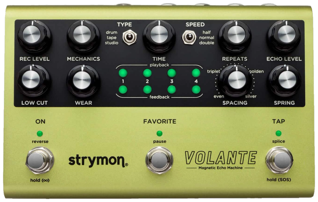 Strymon Volante, top-down view, olive-green housing, rows of knobs, four head buttons and three footswitches