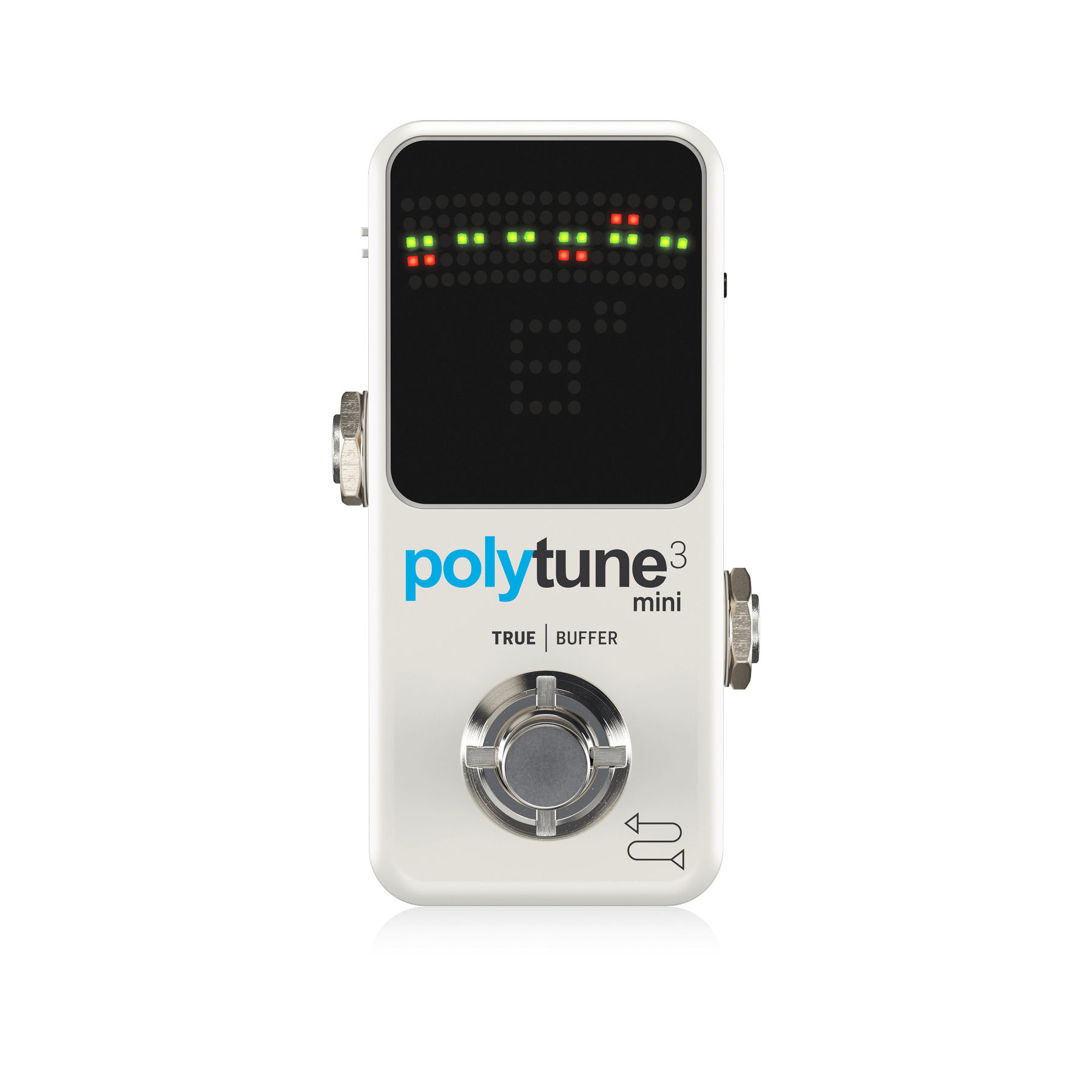 TC Electronic PolyTune 3 Mini, top-down view, white mini enclosure with LED display, polytune mini lettering and metal footswitch