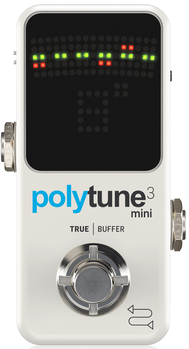TC Electronic PolyTune 3 Mini, top-down view, white mini enclosure with LED display, polytune mini lettering and metal footswitch