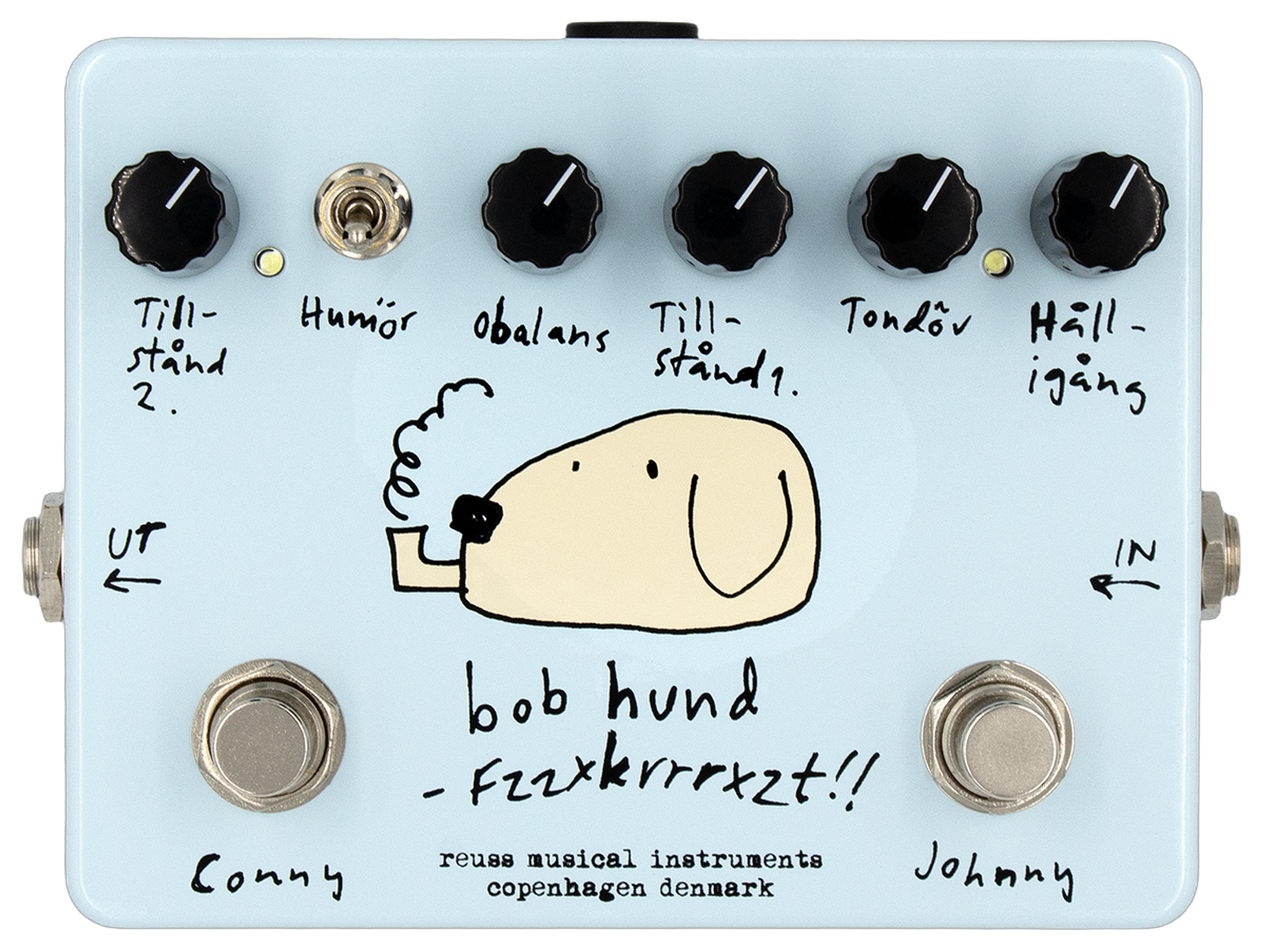 Reuss bob hund Fzzxkrrrxzt! 2026, top-down, blue enclosure with Conny and Johnny footswitches