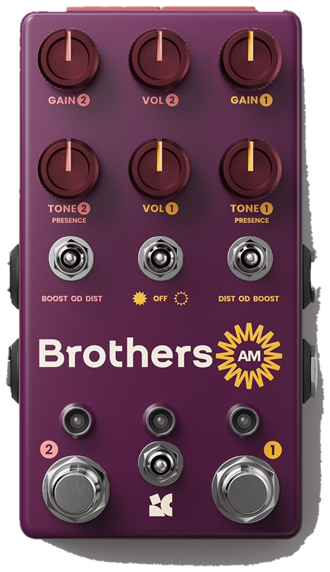 Chase Bliss Brothers AM, top-down view, purple enclosure, six knobs, Brothers AM sunburst logo, two footswitches