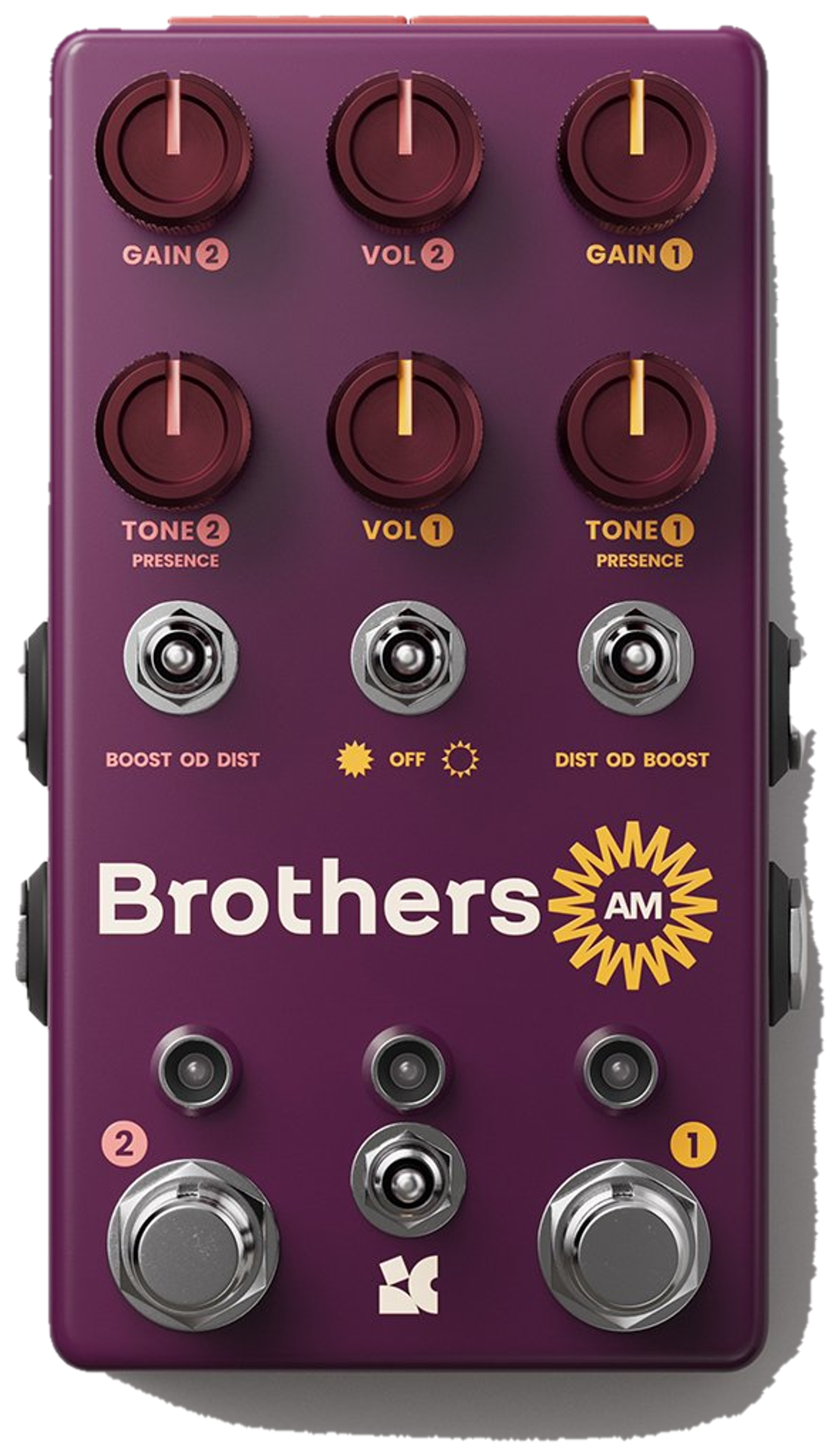 Chase Bliss Brothers AM, top-down view, purple enclosure, six knobs, Brothers AM sunburst logo, two footswitches