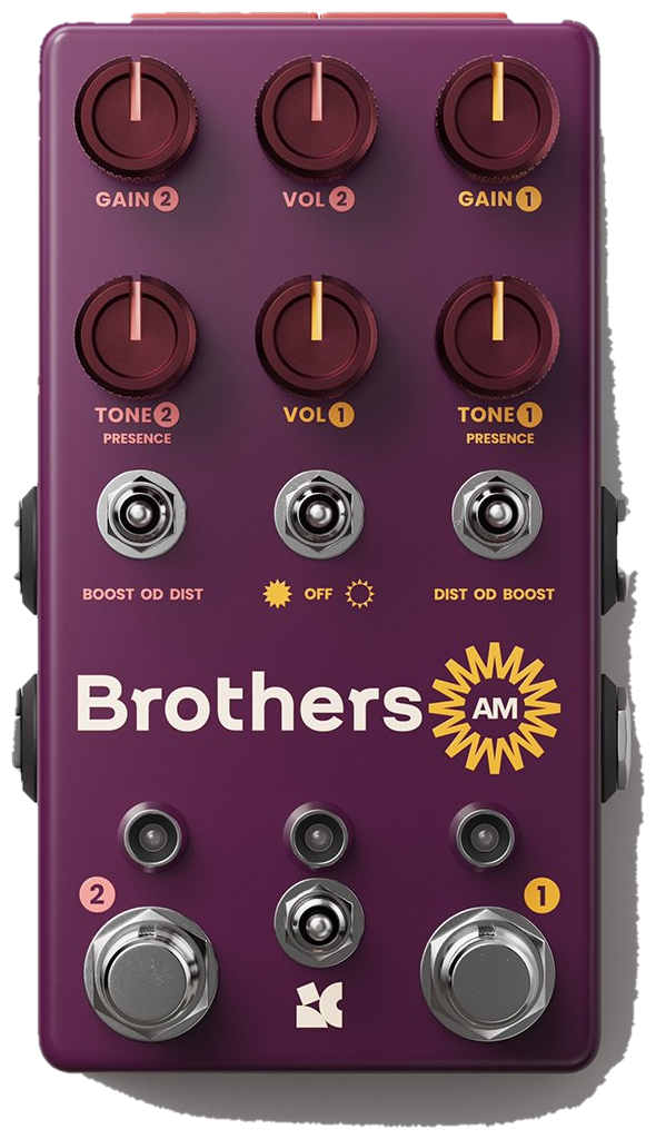 Chase Bliss Brothers AM, top-down view, purple enclosure, six knobs, Brothers AM sunburst logo, two footswitches