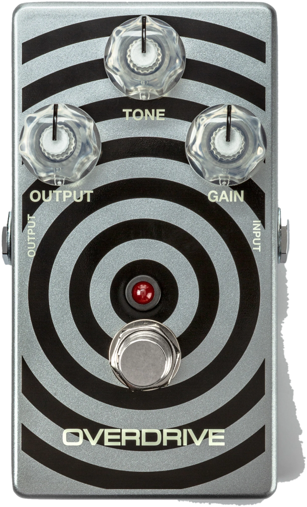 MXR Wylde Audio Overdrive WA44, top view, silver and black circle graphic, Output, Tone and Gain knobs, red LED