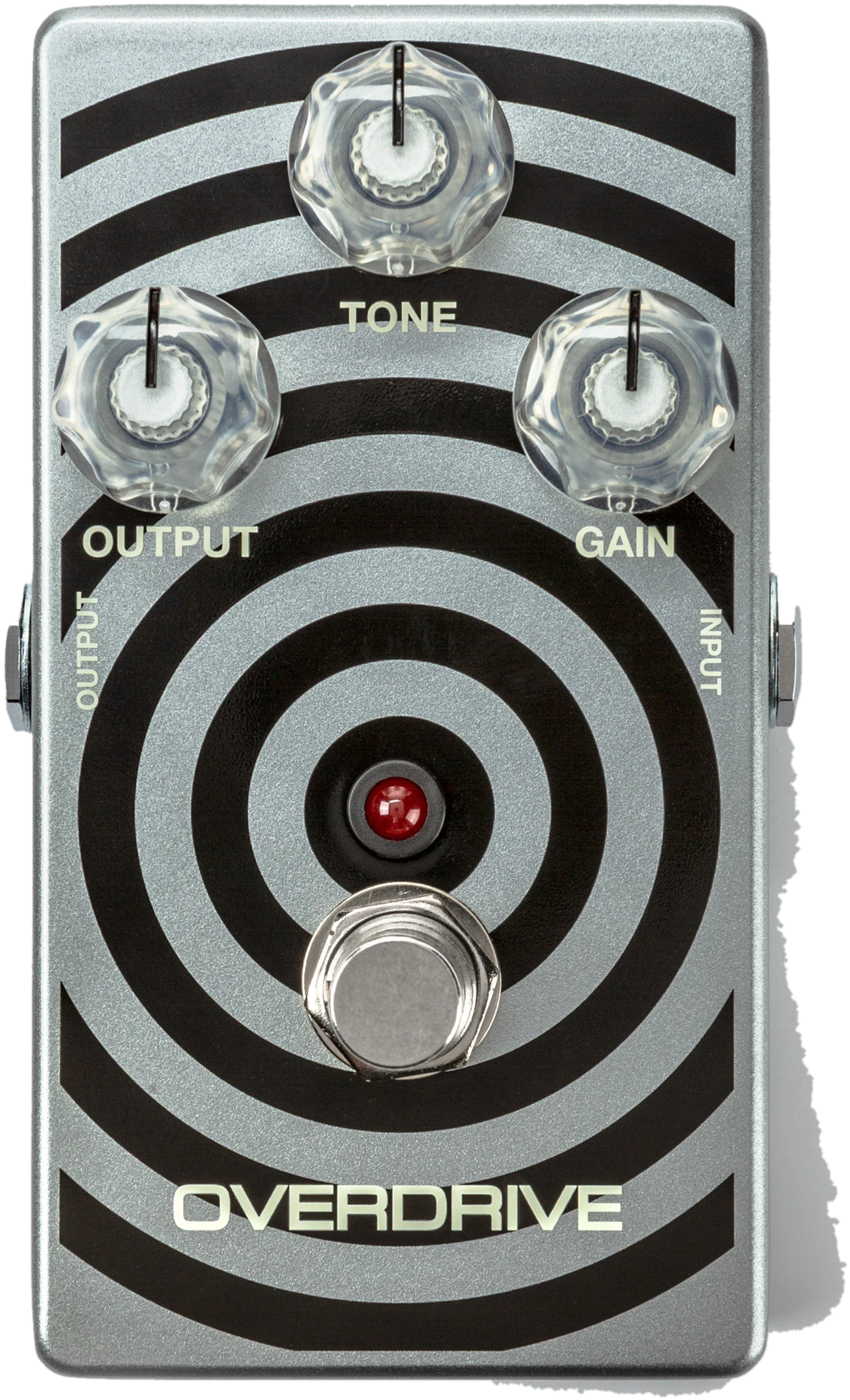 MXR Wylde Audio Overdrive WA44, top view, silver and black circle graphic, Output, Tone and Gain knobs, red LED