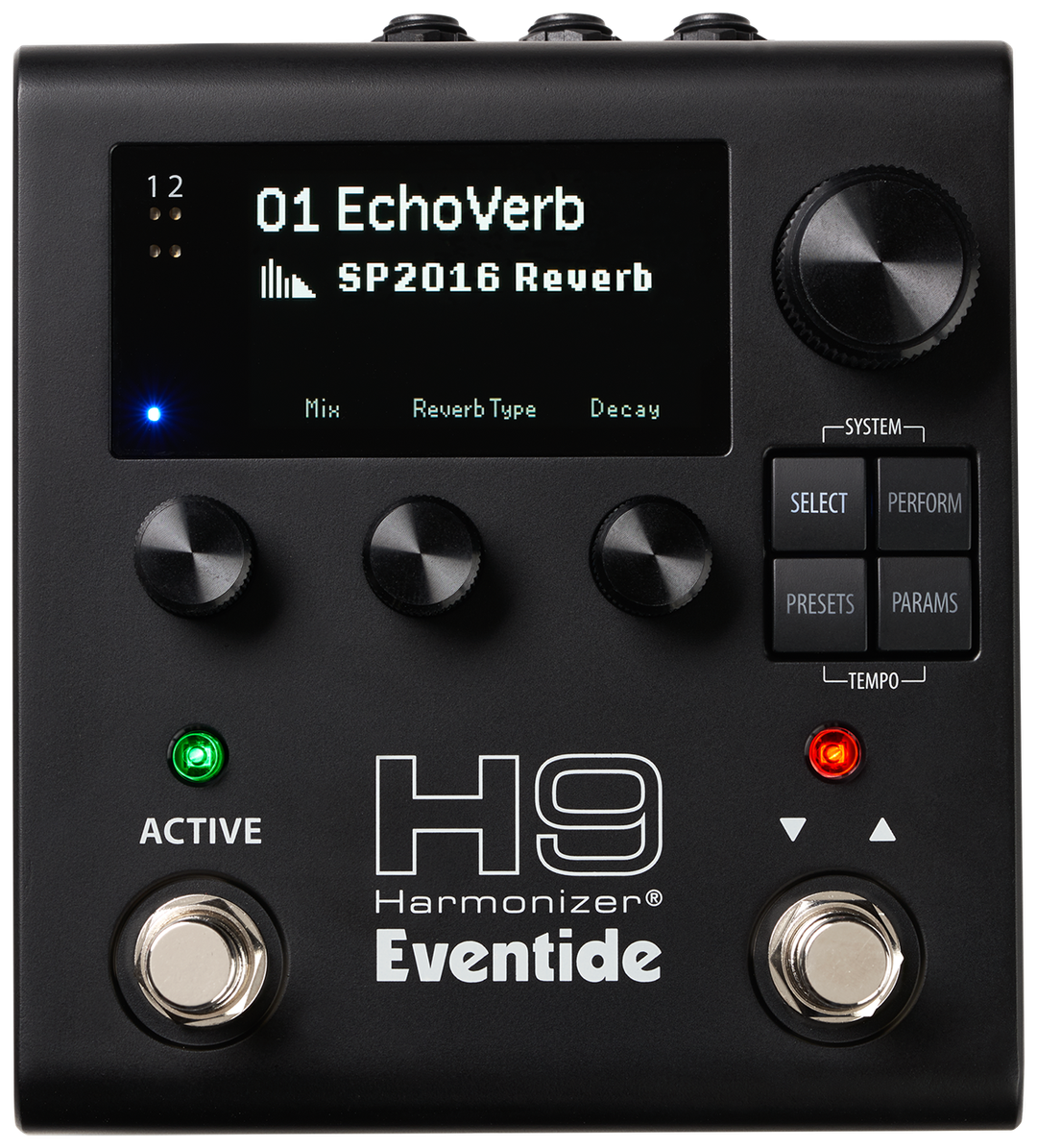 Eventide H9 Harmonizer Gen 2, three-quarter front, black enclosure, colour display, two footswitches