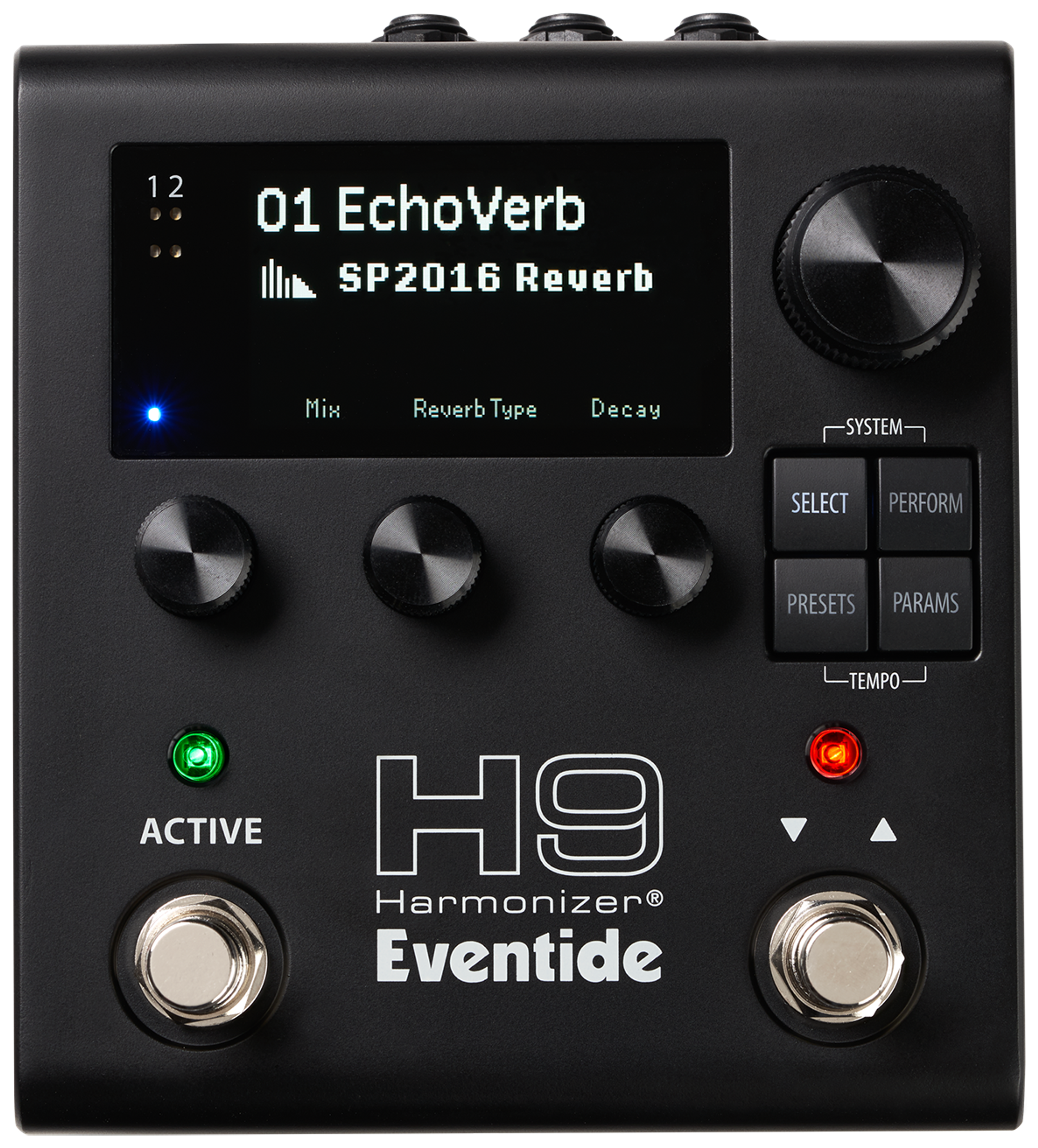 Eventide H9 Harmonizer Gen 2, three-quarter front, black enclosure, colour display, two footswitches