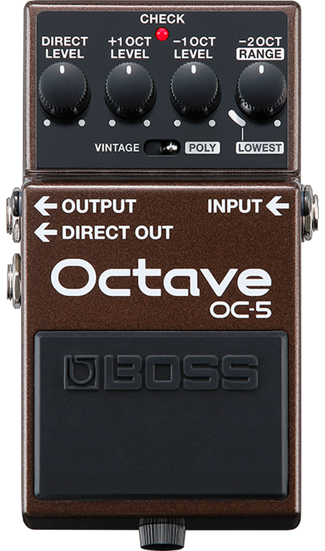 BOSS OC-5 Octave, top view, brown enclosure, four knobs, Vintage/Poly switch, Direct Out jack