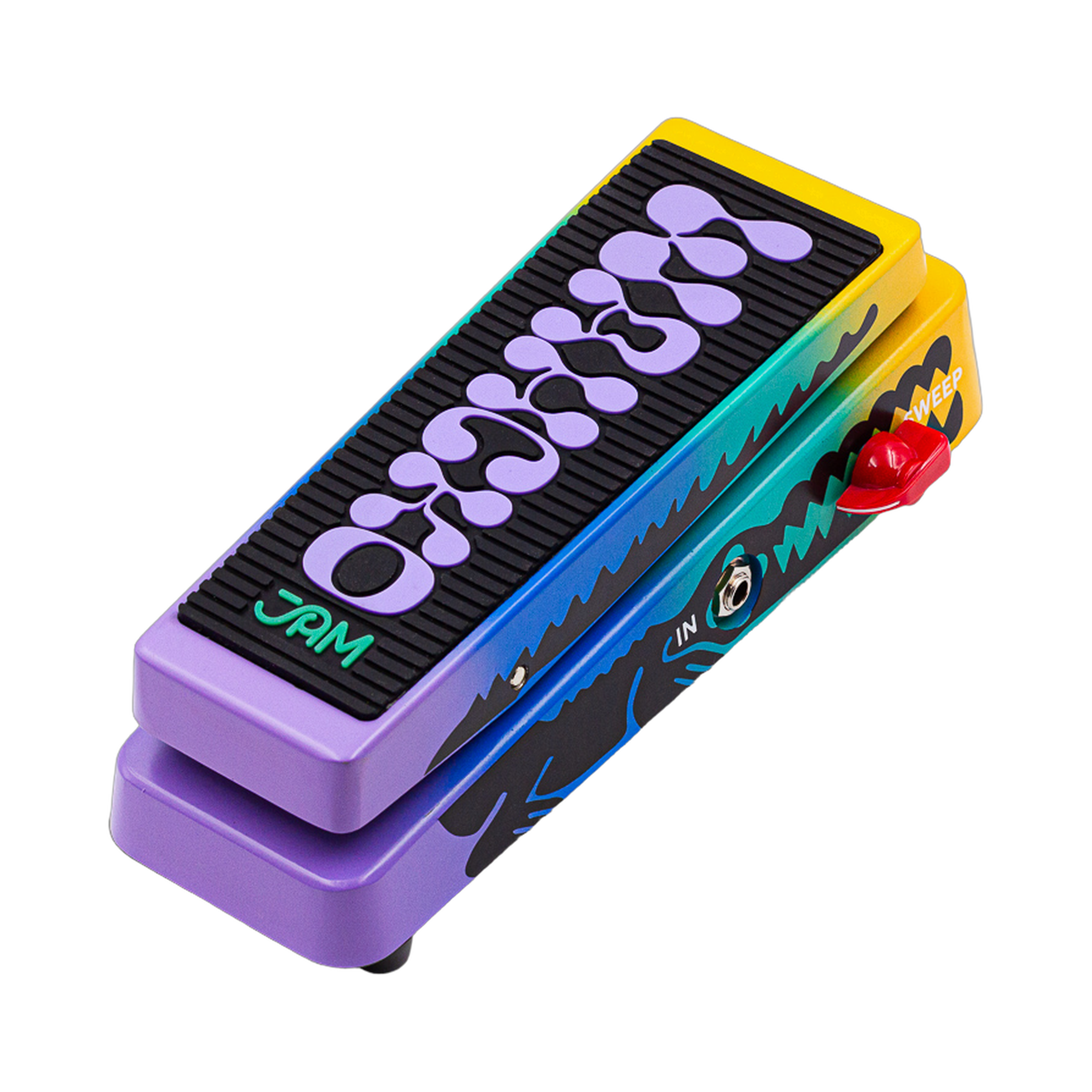 JAM Pedals Wahcko mk.2, three-quarter view, multi-colour enclosure, SWEEP knob and rubber tread