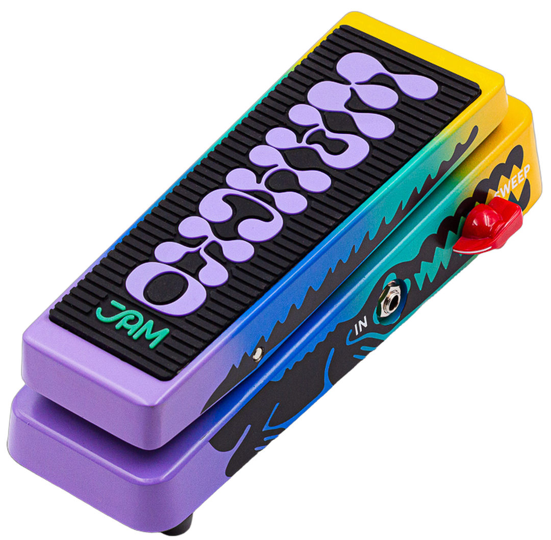 JAM Pedals Wahcko mk.2, three-quarter view, multi-colour enclosure, SWEEP knob and rubber tread