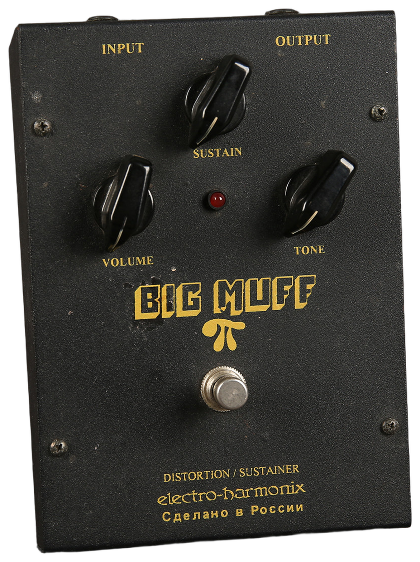 Electro-Harmonix Black Russian Big Muff Pi, three-quarter view, black enclosure with yellow graphics, Volume Tone Sustain knobs
