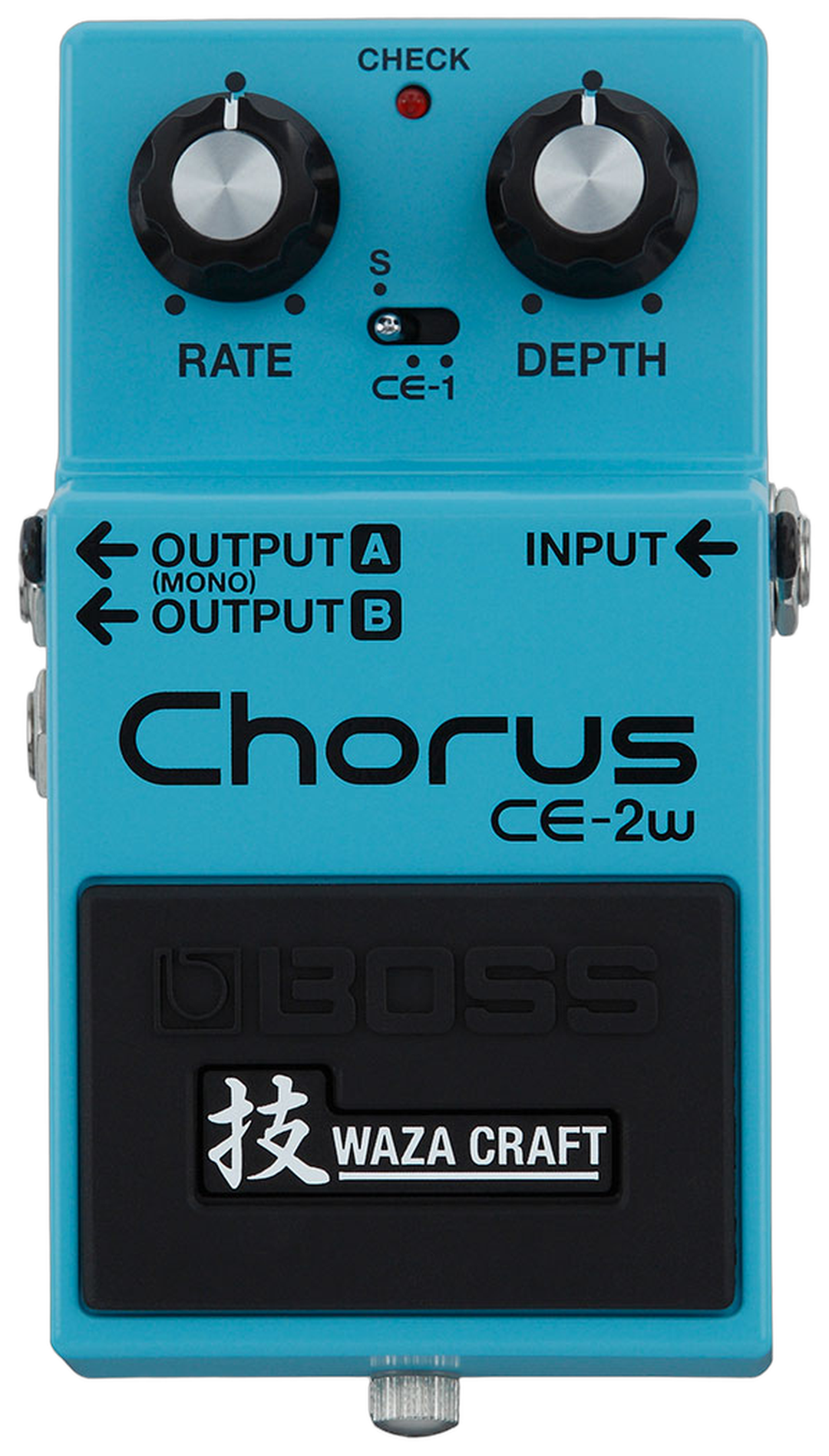 BOSS CE-2W Chorus, top view, light blue enclosure, Rate and Depth knobs, Waza Craft badge, stereo output labels