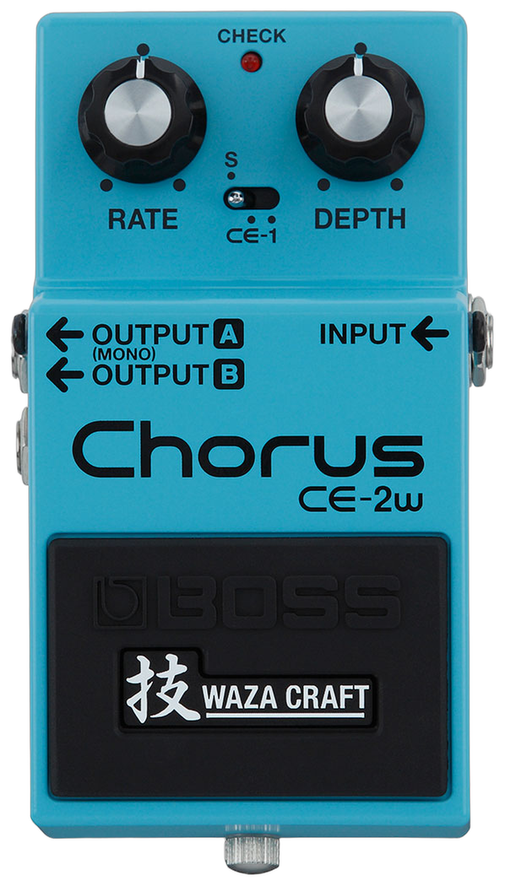 BOSS CE-2W Chorus, top view, light blue enclosure, Rate and Depth knobs, Waza Craft badge, stereo output labels