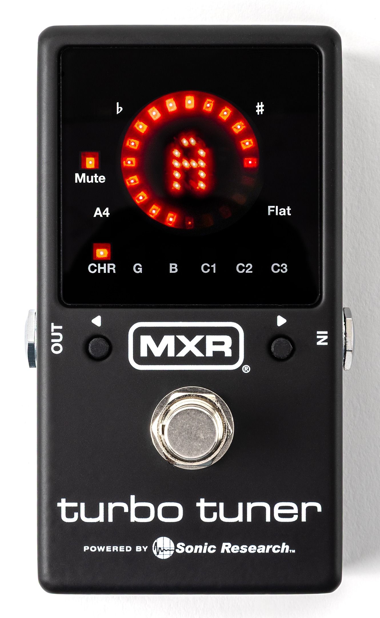 MXR Turbo Tuner M400 from above on white, black enclosure with the red strobe ring and note display lit, MXR badge over a chrome footswitch