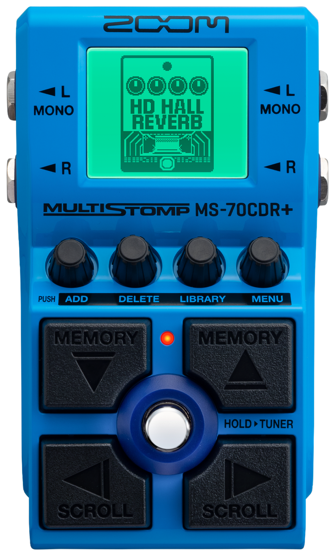 Zoom MS-70CDR+ MultiStomp, front view, blue enclosure, LCD, four knobs, Cross Key foot switches