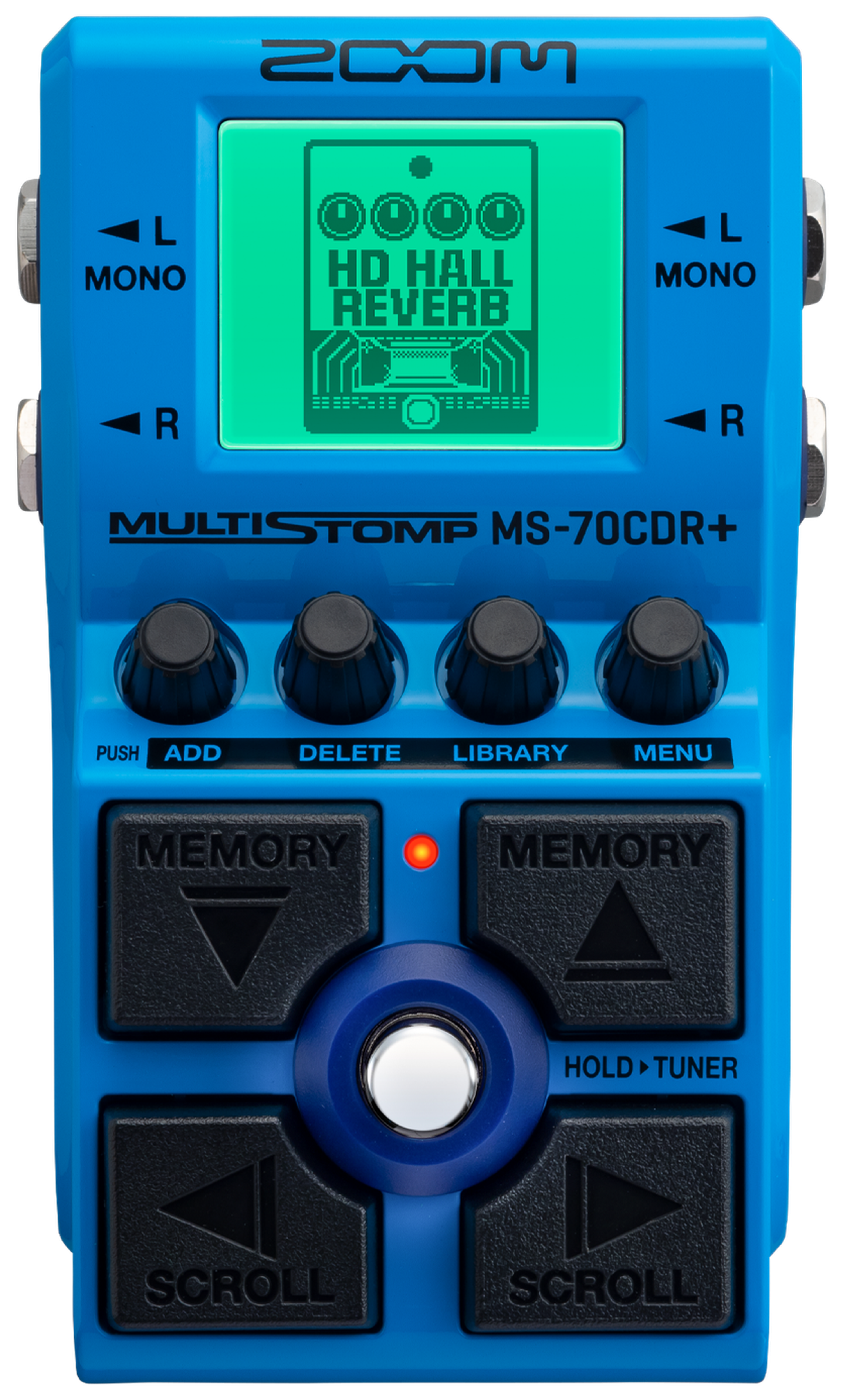 Zoom MS-70CDR+ MultiStomp, front view, blue enclosure, LCD, four knobs, Cross Key foot switches