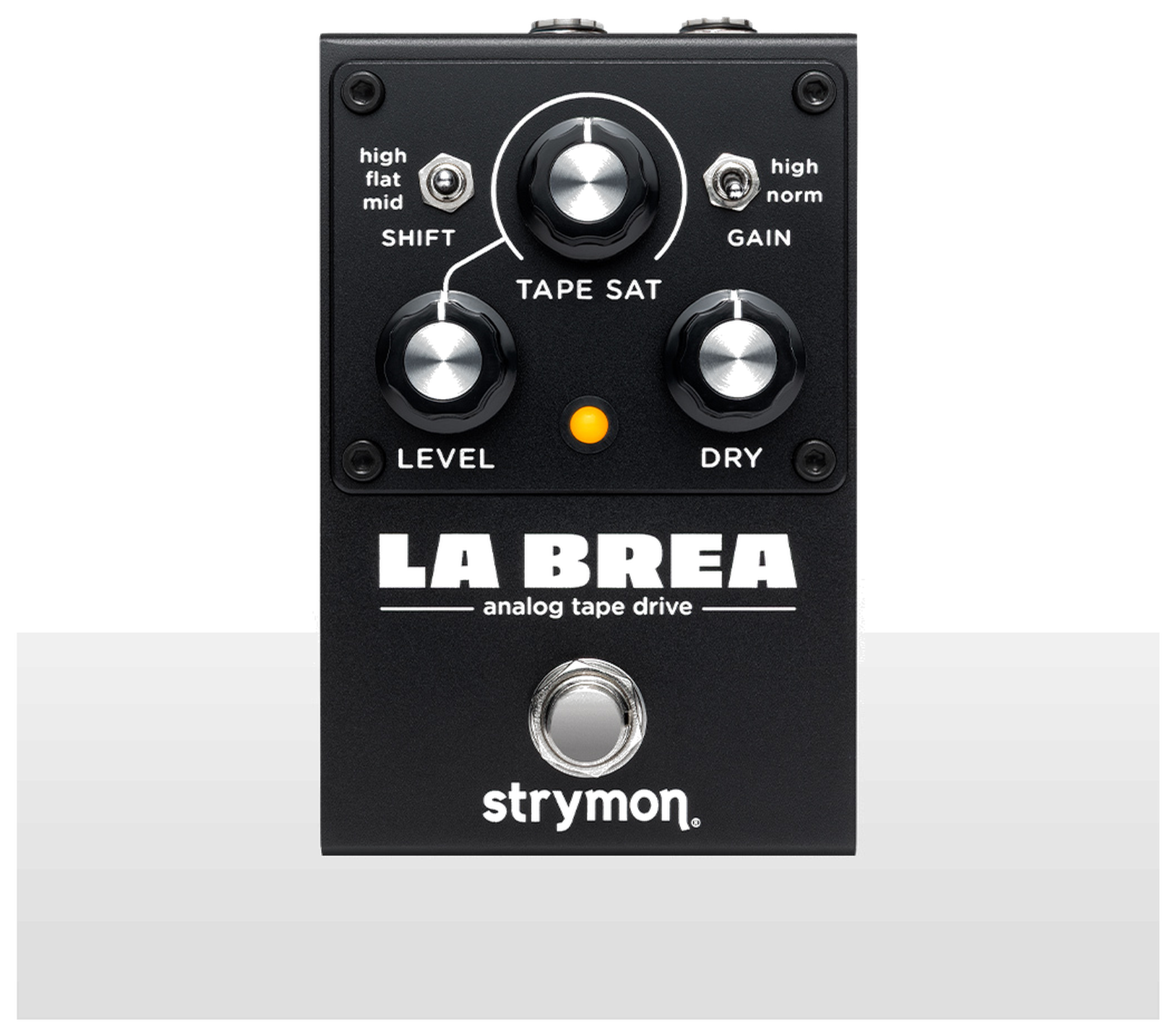 Strymon La Brea, top-down packshot, black enclosure with Tape Sat Level Dry knobs and Shift Gain toggles