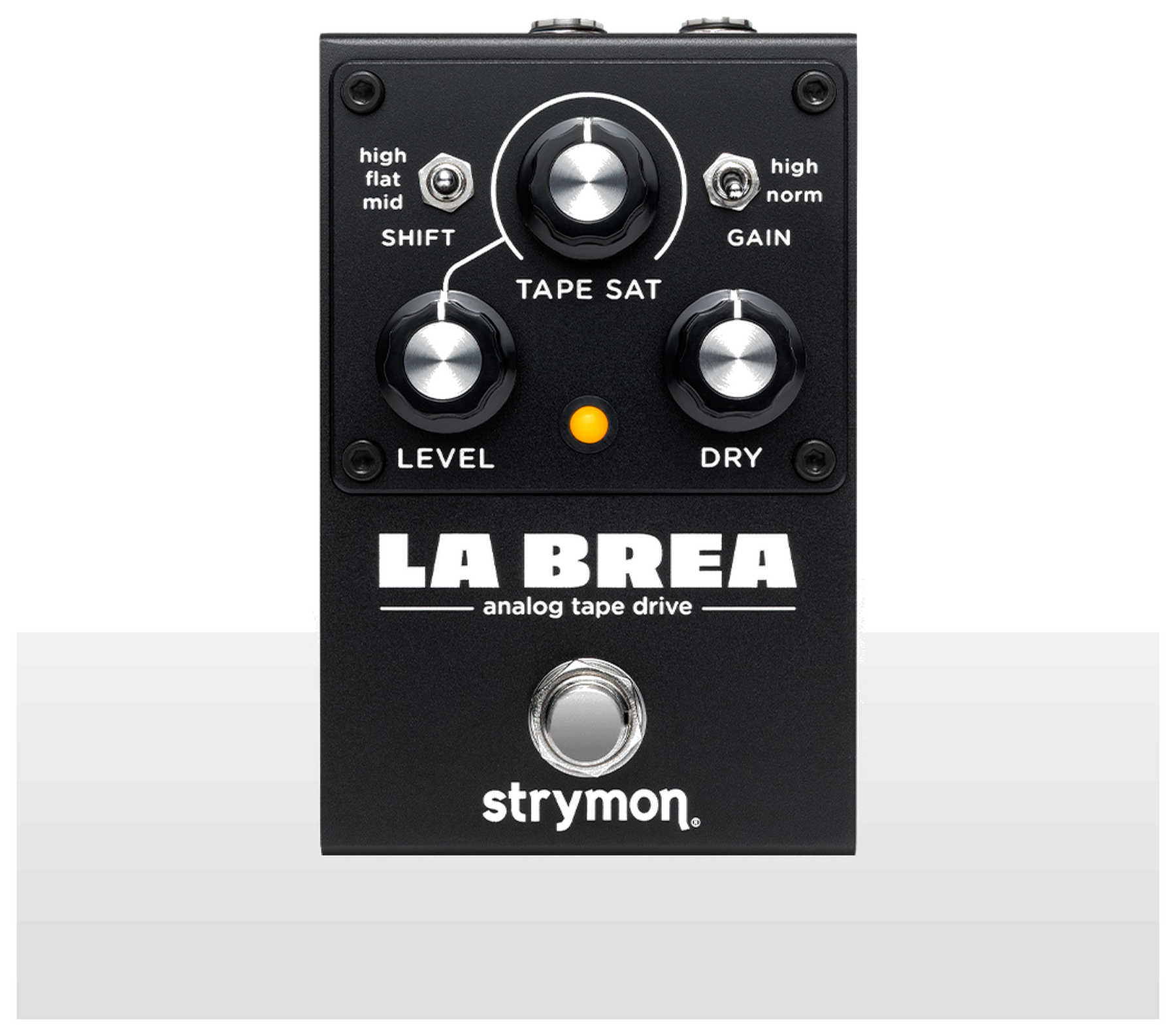 Strymon La Brea, top-down packshot, black enclosure with Tape Sat Level Dry knobs and Shift Gain toggles