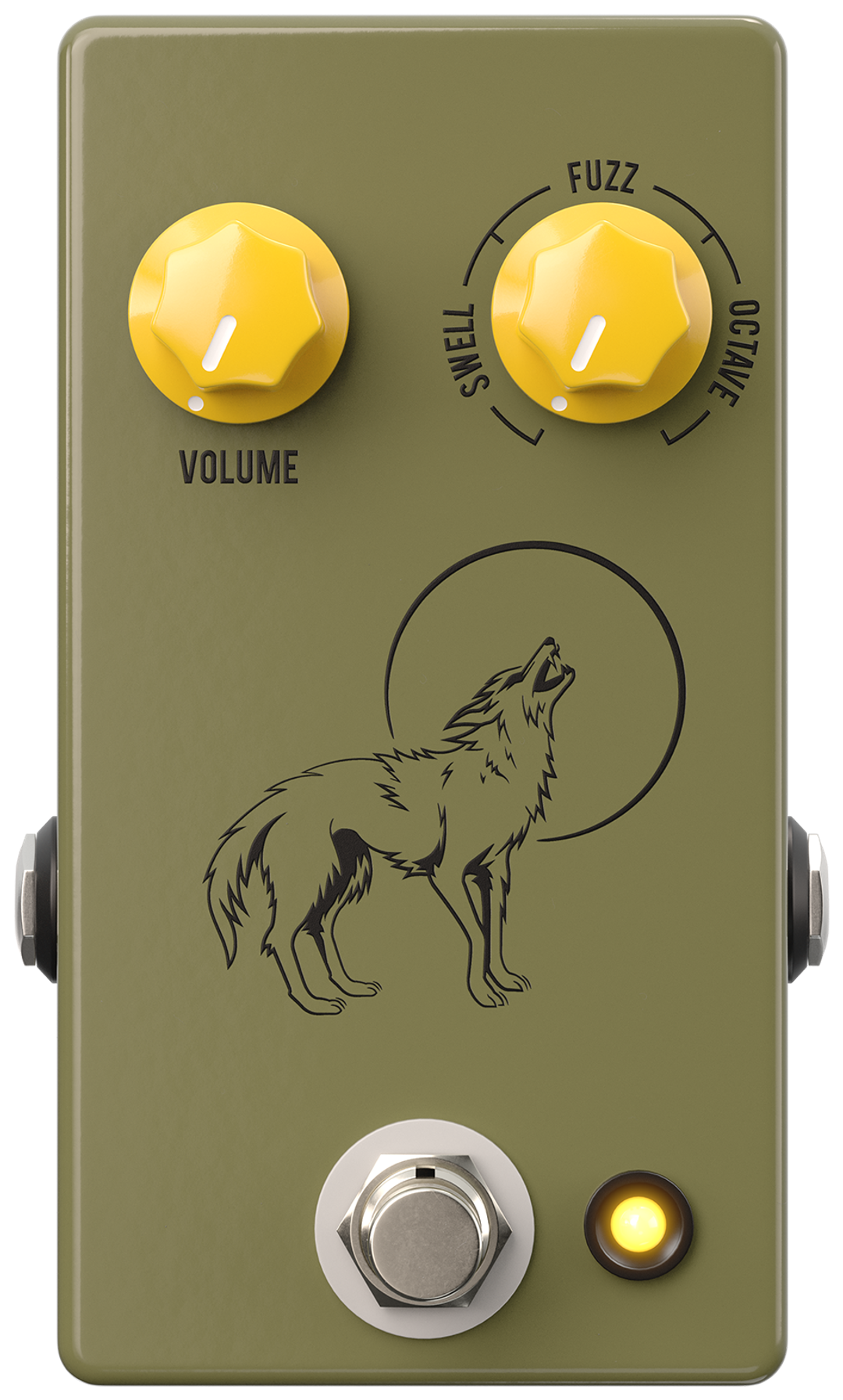 JHS Coyote, top-down view, olive enclosure, two yellow knobs, howling coyote graphic