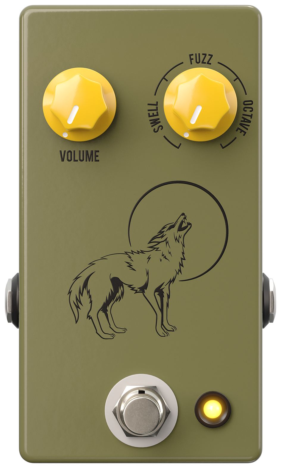 JHS Coyote, top-down view, olive enclosure, two yellow knobs, howling coyote graphic