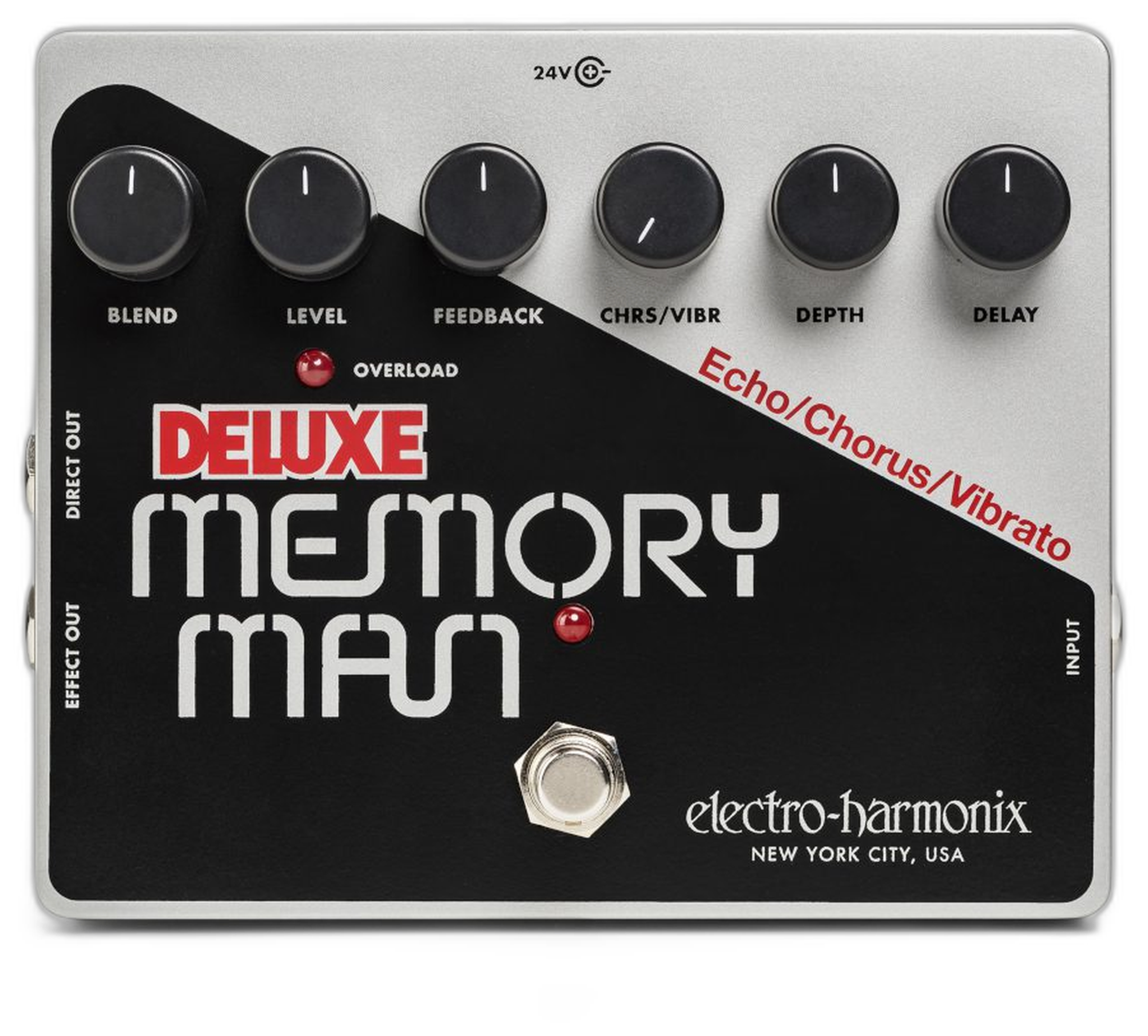 Electro-Harmonix Deluxe Memory Man, top view, silver and black large box, six knobs, silver footswitch