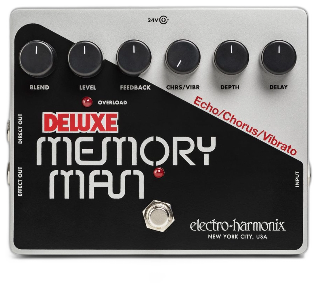 Electro-Harmonix Deluxe Memory Man, top view, silver and black large box, six knobs, silver footswitch