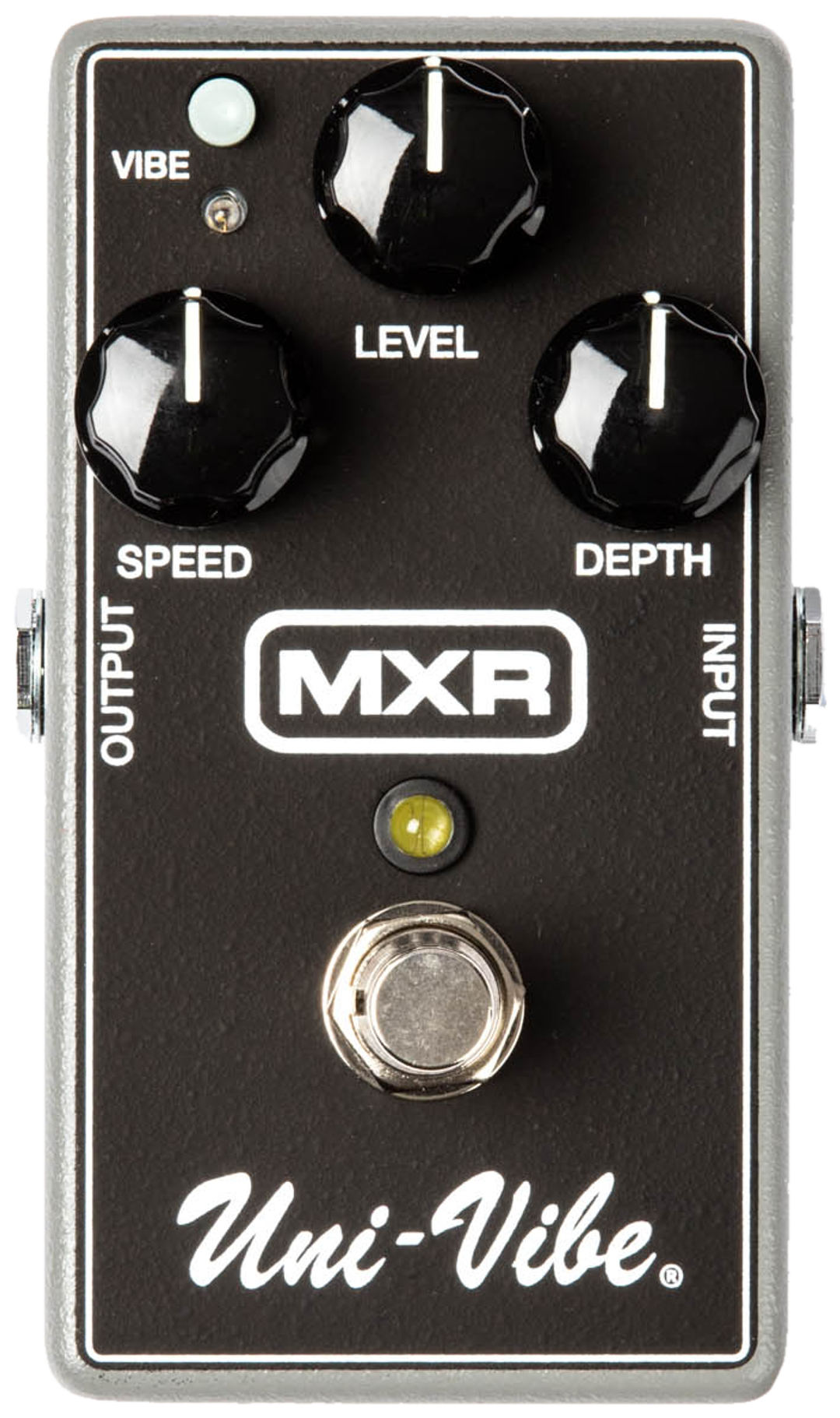 MXR M68 Uni-Vibe, top-down view, black enclosure, Speed, Level and Depth knobs, Vibe button, script Uni-Vibe logo