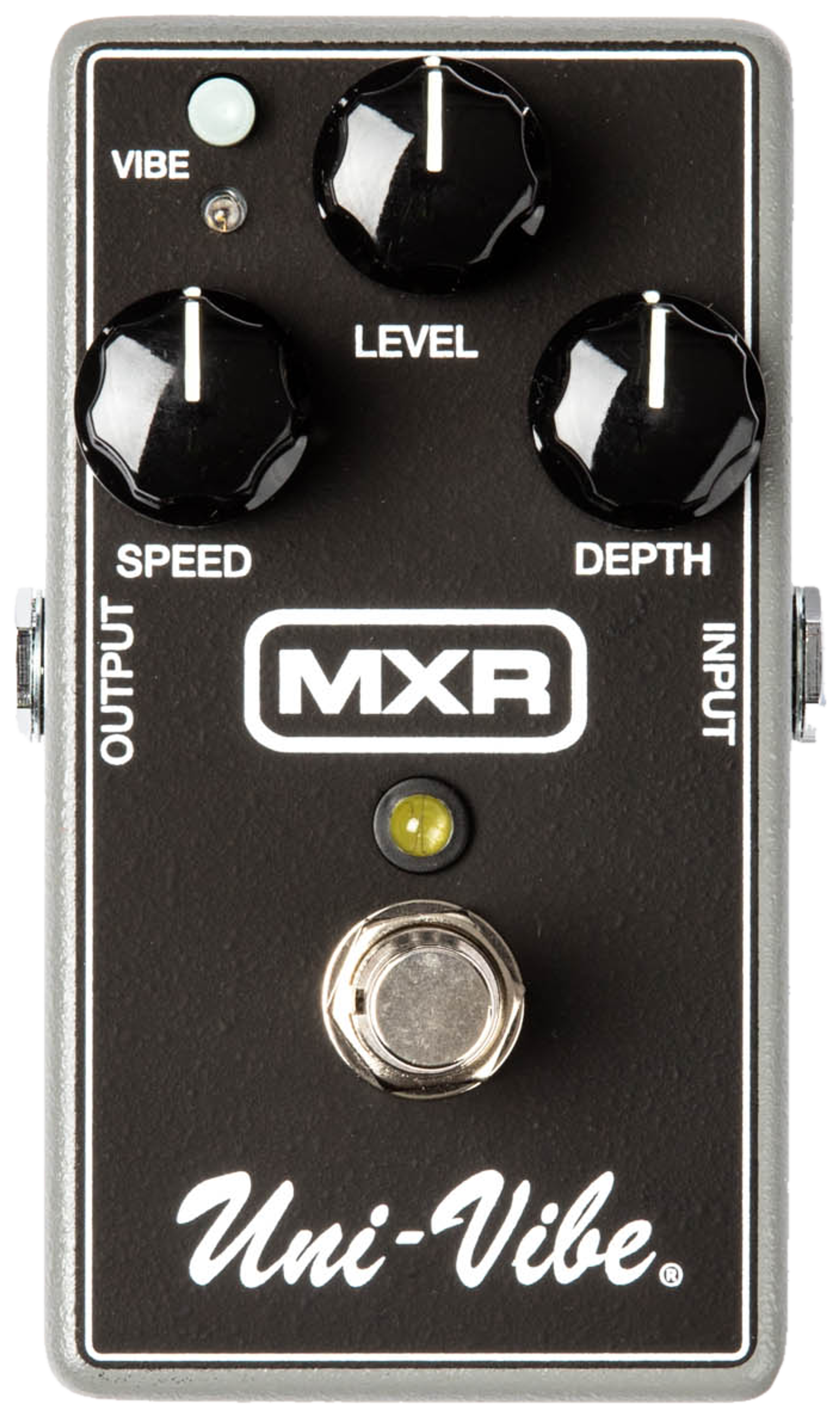 MXR M68 Uni-Vibe, top-down view, black enclosure, Speed, Level and Depth knobs, Vibe button, script Uni-Vibe logo