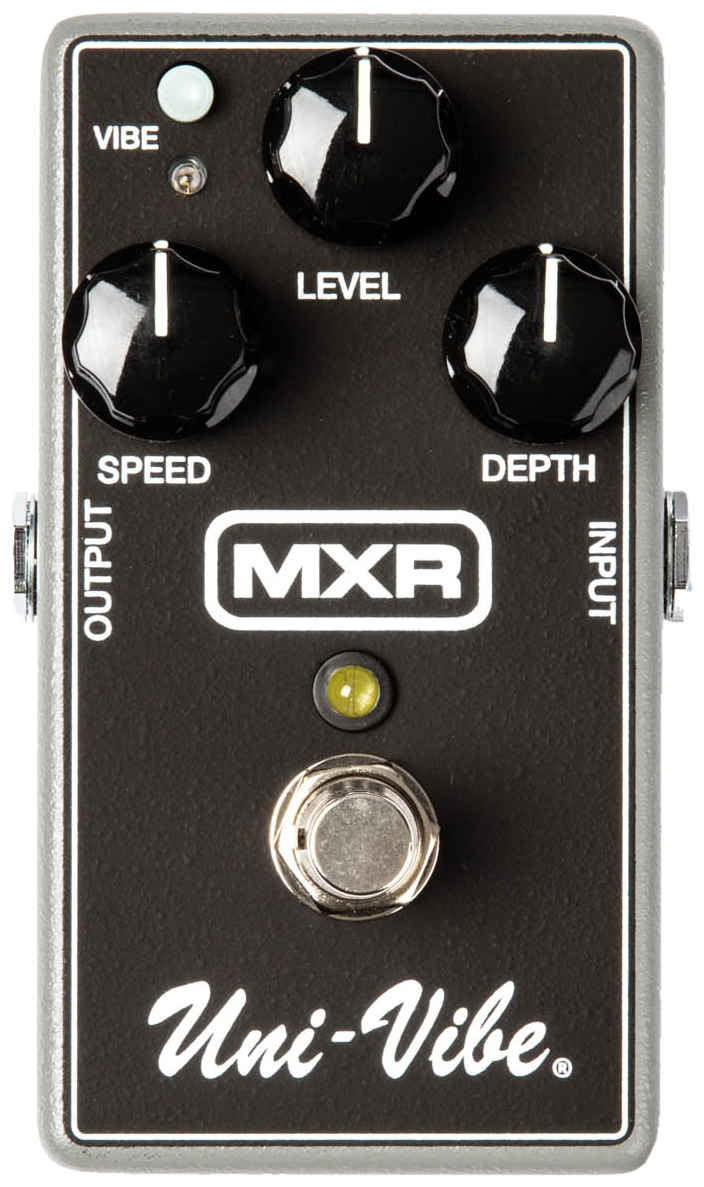MXR M68 Uni-Vibe, top-down view, black enclosure, Speed, Level and Depth knobs, Vibe button, script Uni-Vibe logo