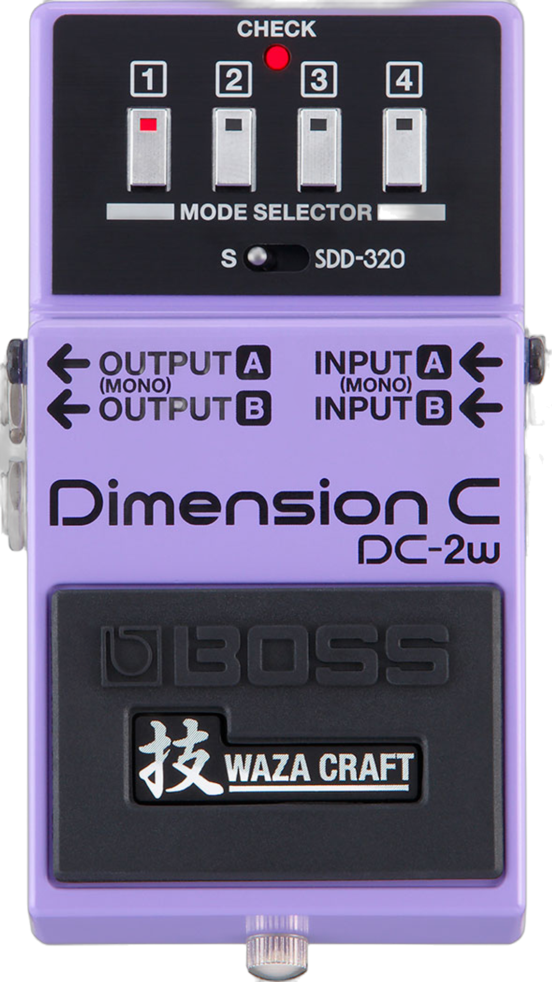 BOSS DC-2W Dimension C, top-down view, lilac enclosure, four mode selector buttons, Waza Craft badge