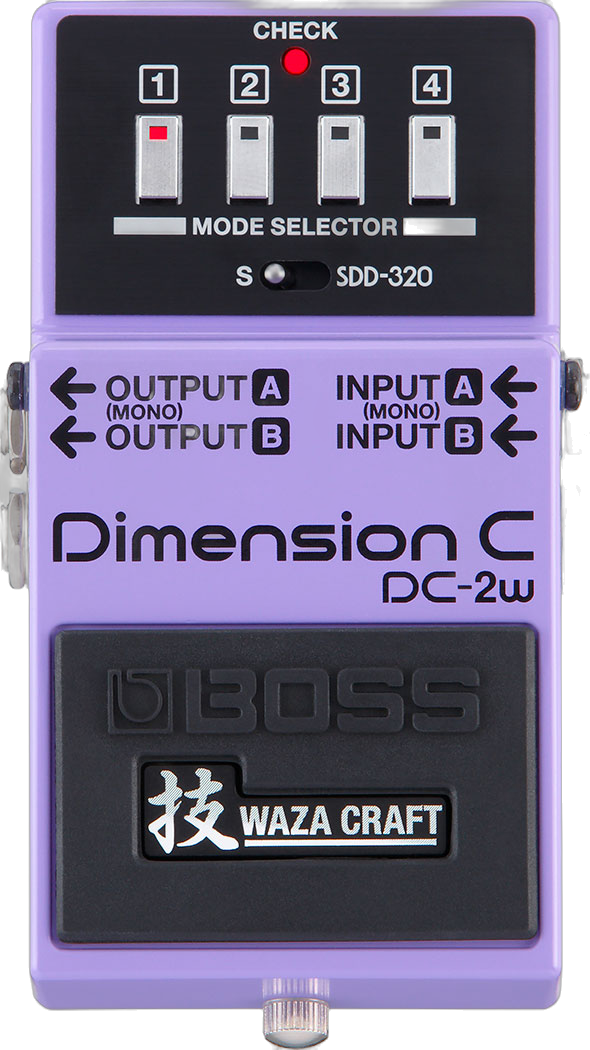 BOSS DC-2W Dimension C, top-down view, lilac enclosure, four mode selector buttons, Waza Craft badge