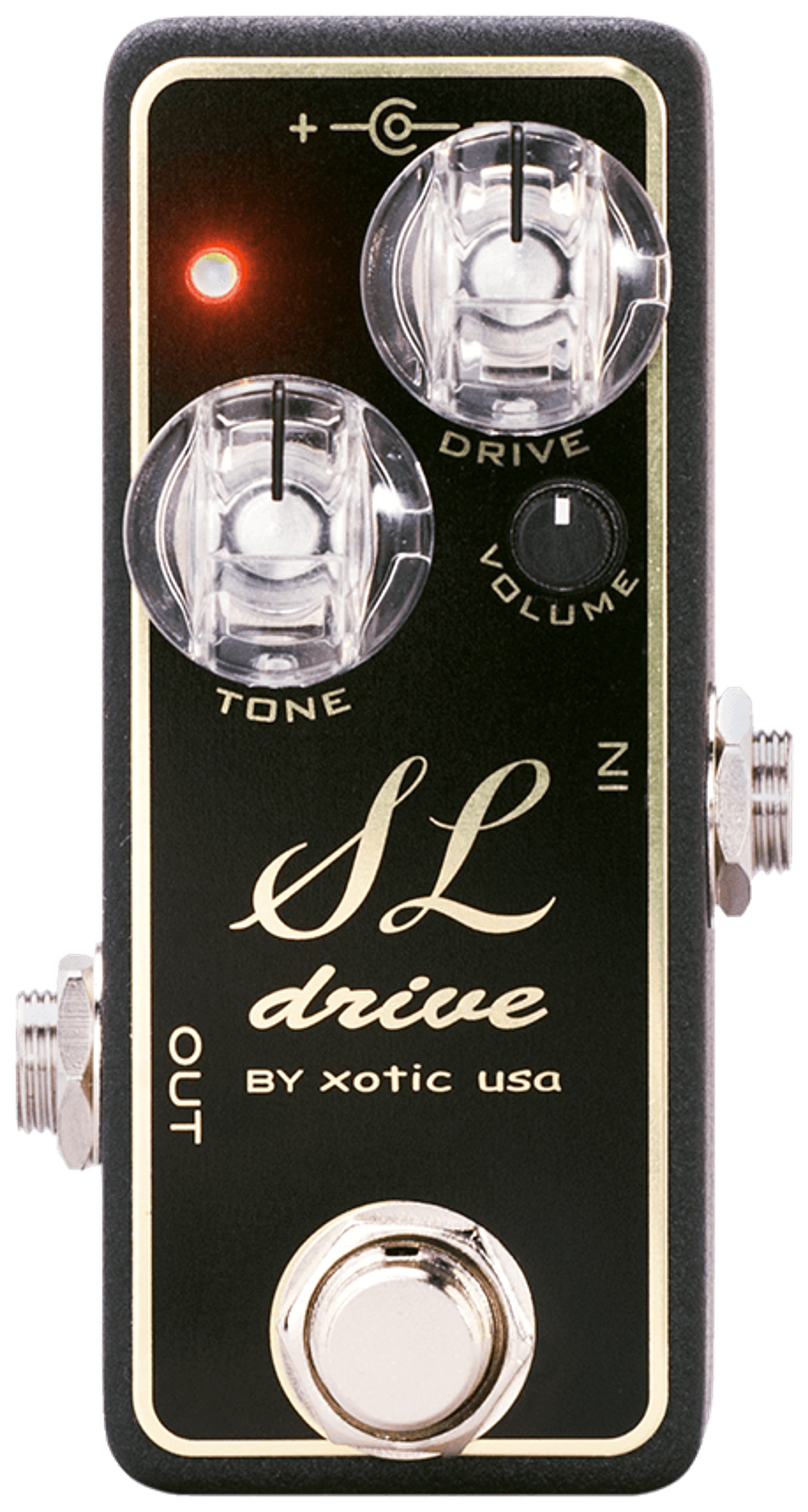 Xotic SL Drive, top-down view, black mini enclosure, gold script logo, clear Tone and Drive knobs