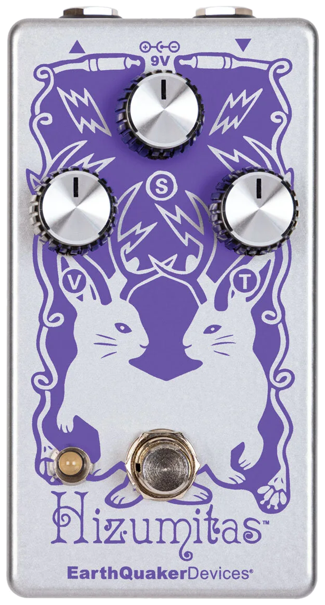 EarthQuaker Devices Hizumitas Fuzz Sustainar, top-down view, lavender housing with white illustrated artwork, three knobs