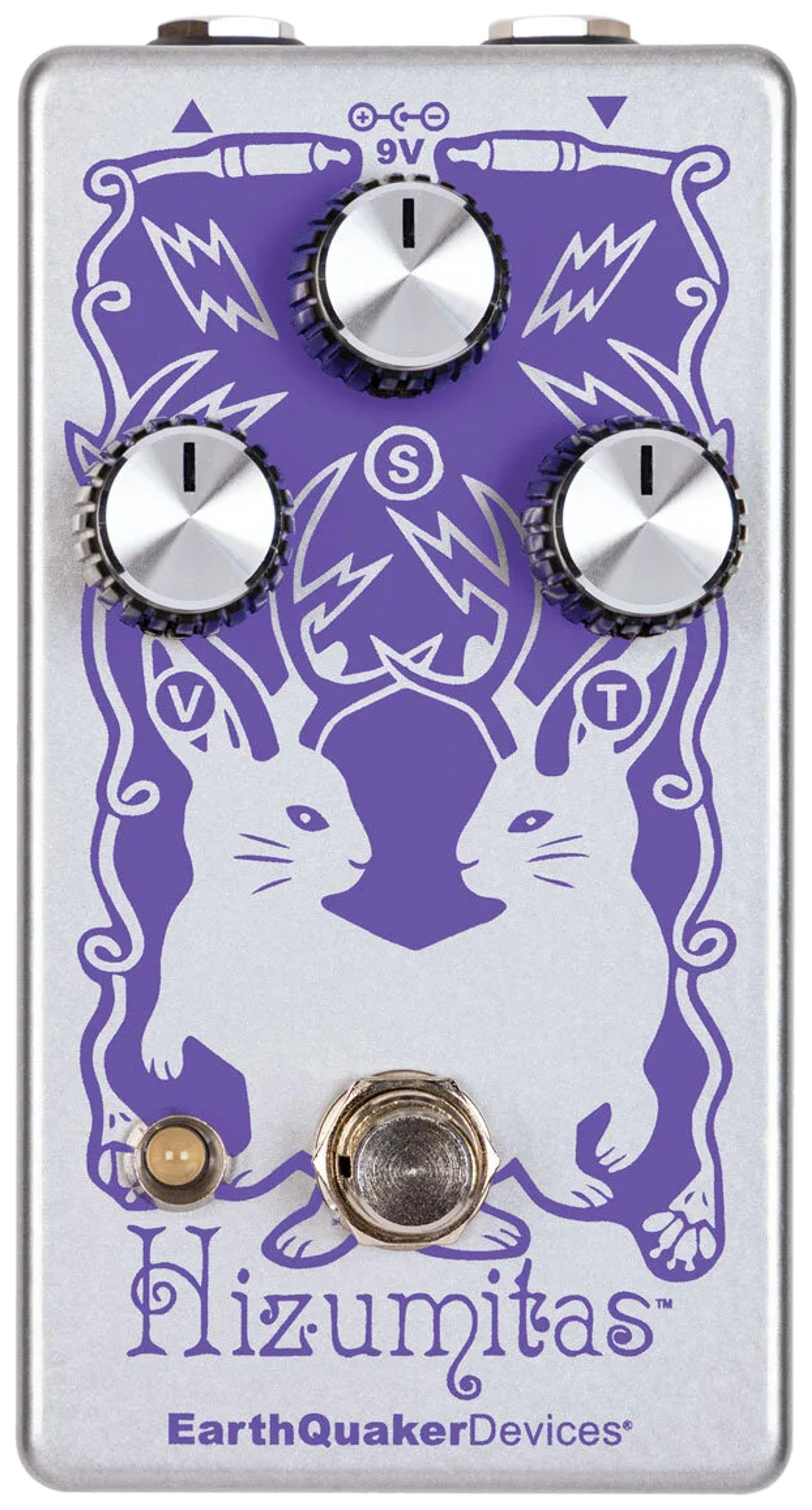 EarthQuaker Devices Hizumitas Fuzz Sustainar, top-down view, lavender housing with white illustrated artwork, three knobs