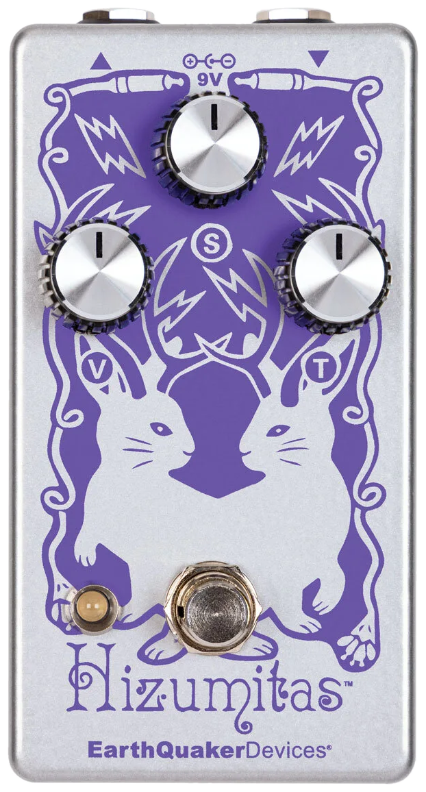 EarthQuaker Devices Hizumitas Fuzz Sustainar, top-down view, lavender housing with white illustrated artwork, three knobs