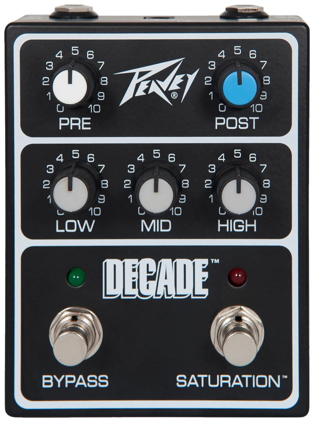 Peavey Decade Preamp Pedal, top-down view, black enclosure, five knobs, Bypass and Saturation footswitches, SKU 03621220