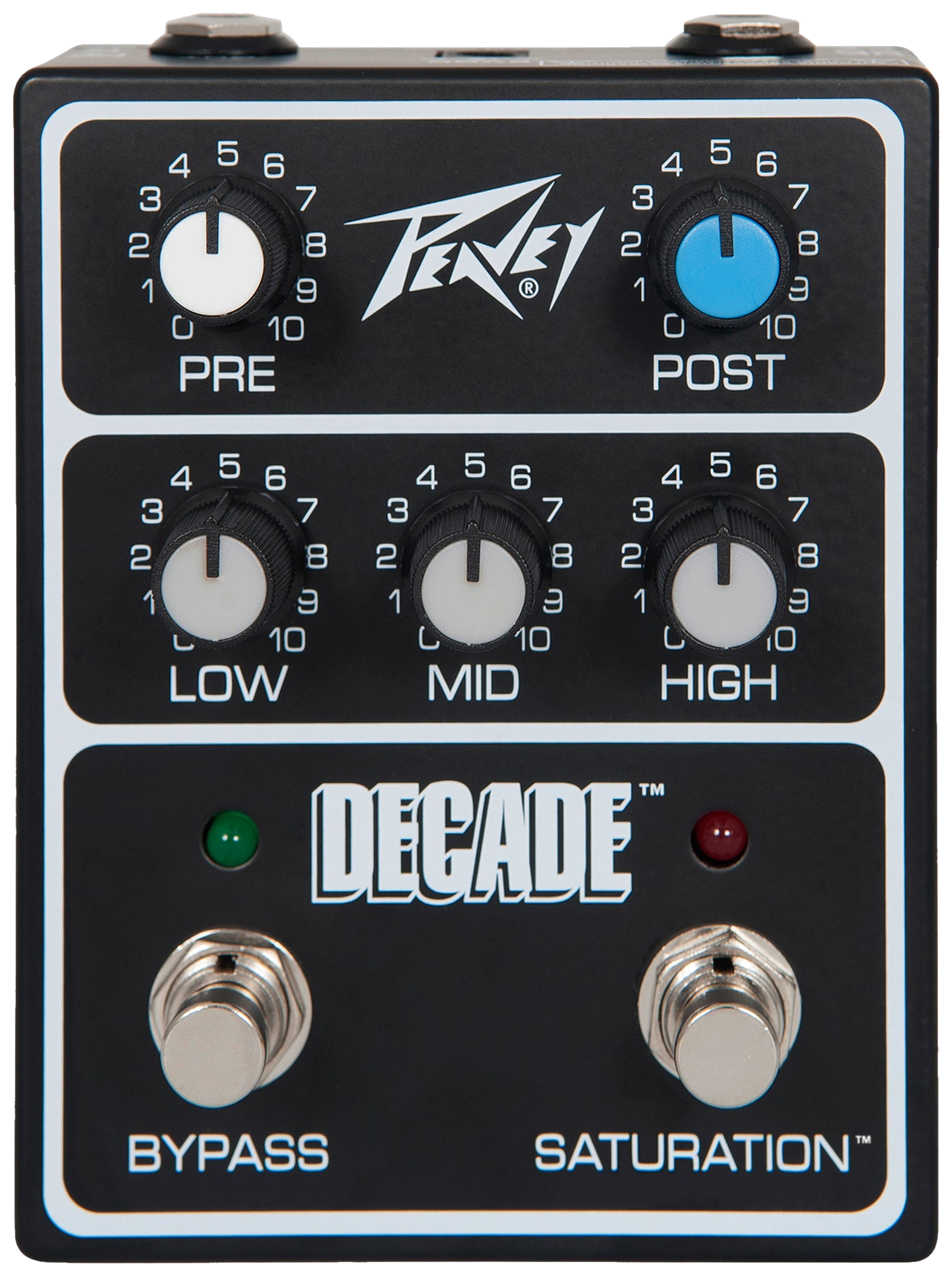 Peavey Decade Preamp Pedal, top-down view, black enclosure, five knobs, Bypass and Saturation footswitches, SKU 03621220