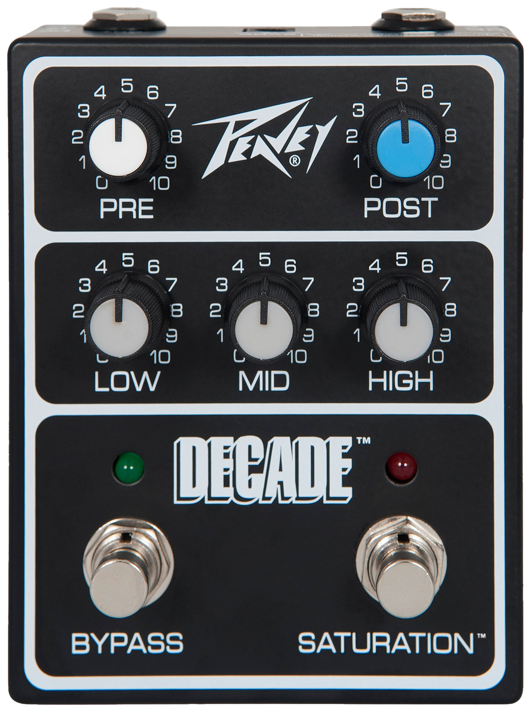 Peavey Decade Preamp Pedal, top-down view, black enclosure, five knobs, Bypass and Saturation footswitches, SKU 03621220