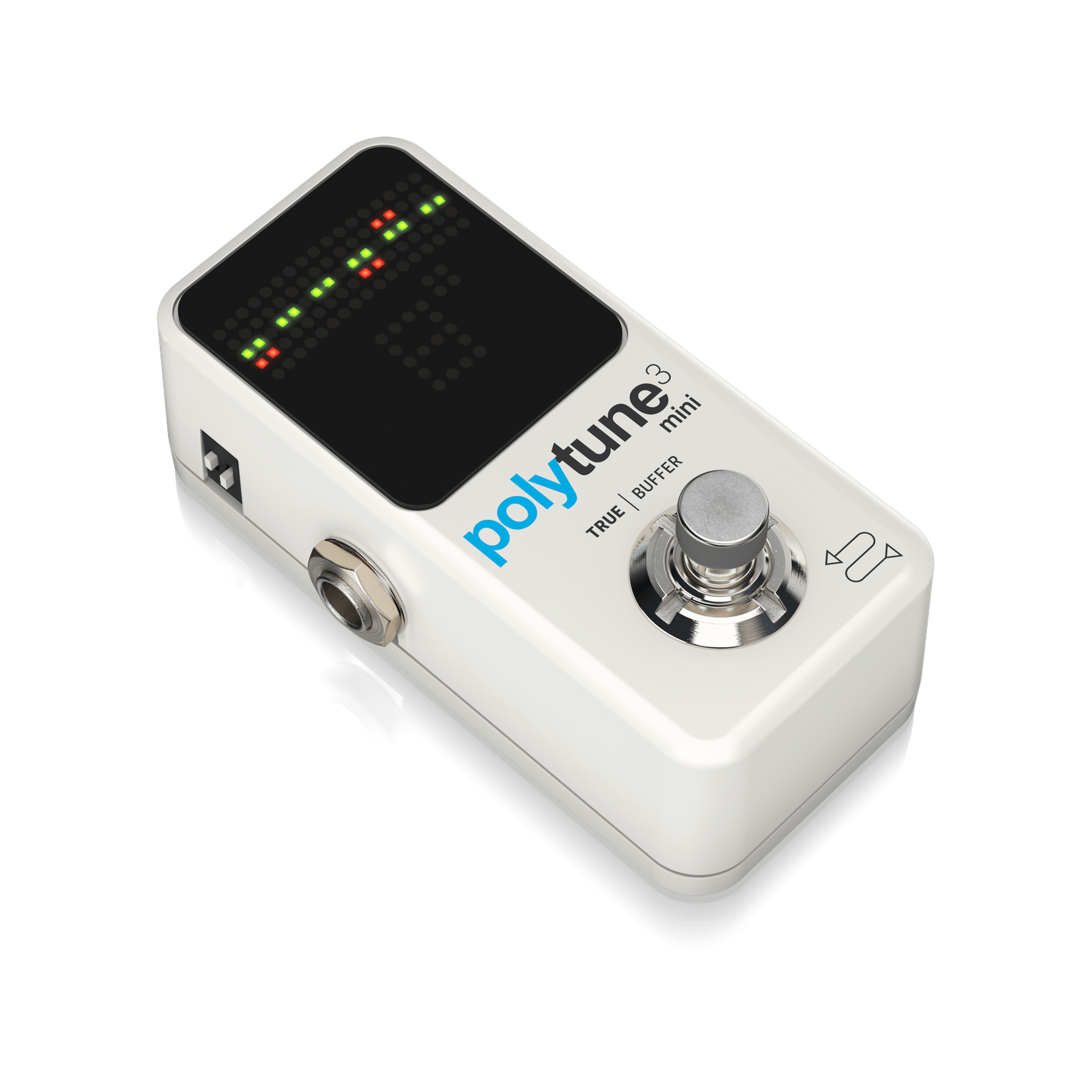 TC Electronic PolyTune 3 Mini, three-quarter view, white enclosure showing DIP switches, jack and footswitch