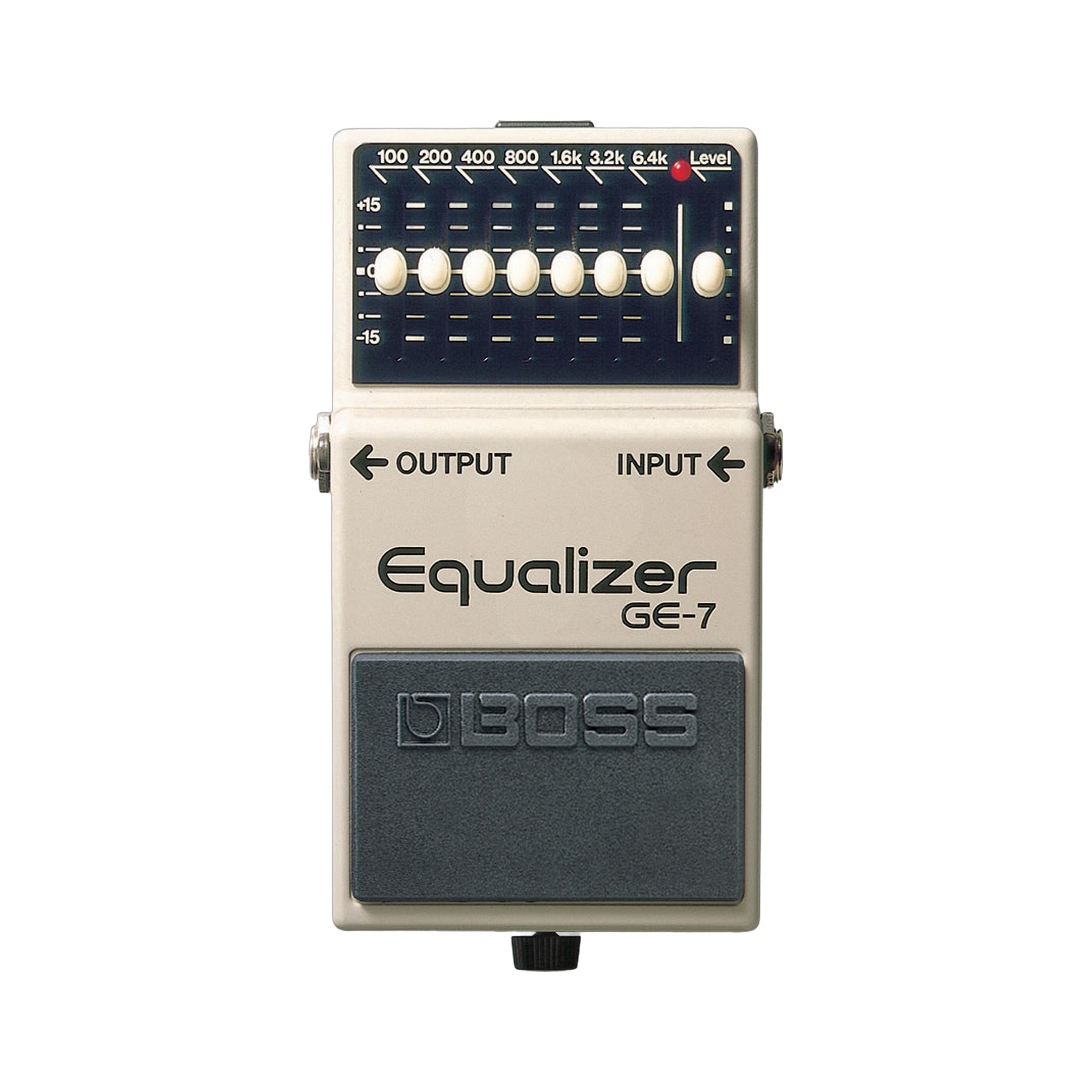 BOSS GE-7 Equalizer, straight top view, Equalizer GE-7 lettering, seven frequency sliders and Level at zero