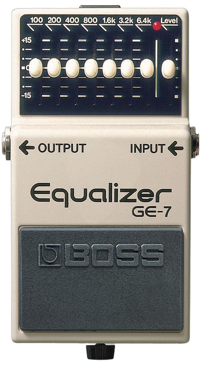 BOSS GE-7 Equalizer, straight top view, Equalizer GE-7 lettering, seven frequency sliders and Level at zero