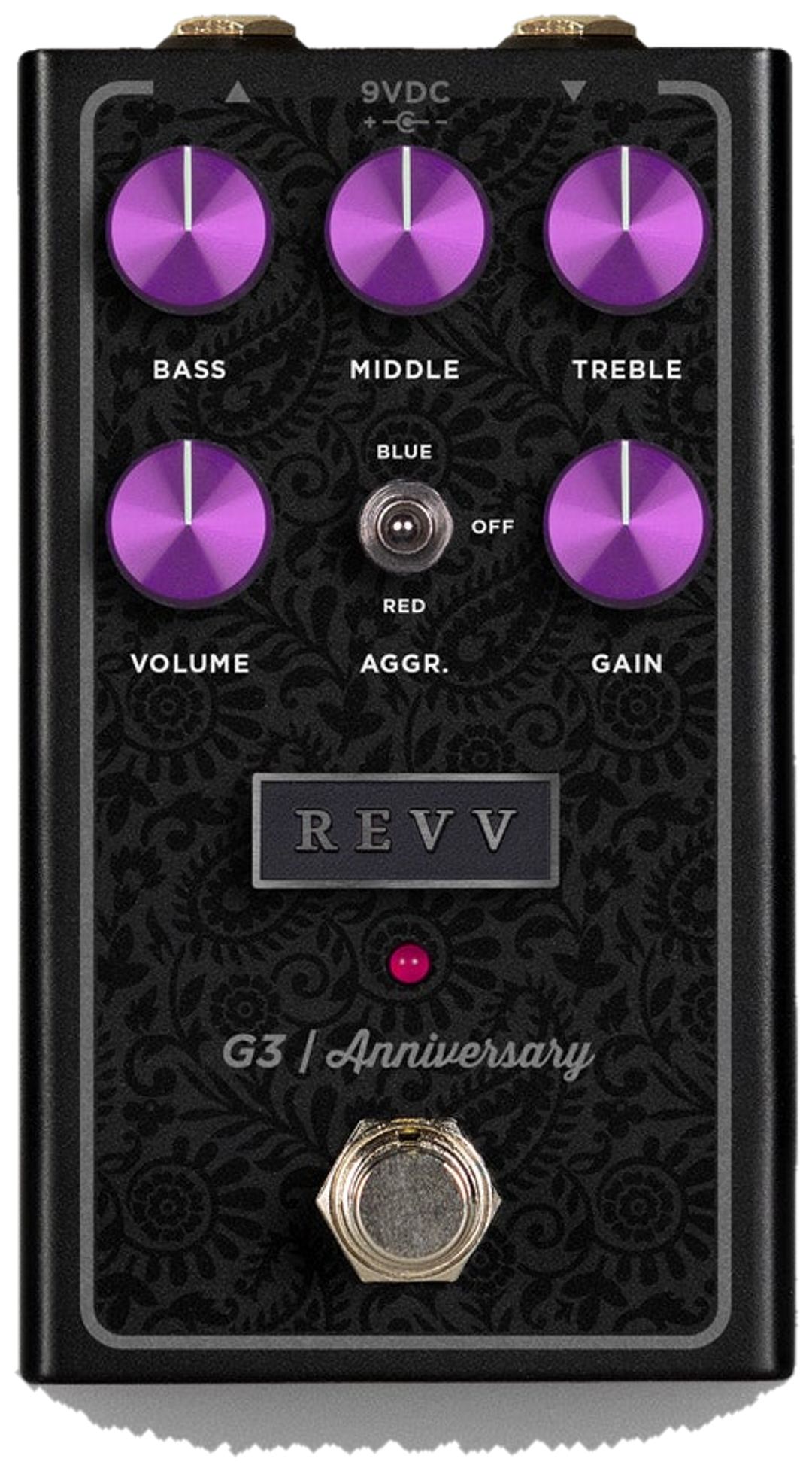 REVV G3 Anniversary Edition, top-down view, black patterned enclosure, purple knobs, Aggression toggle