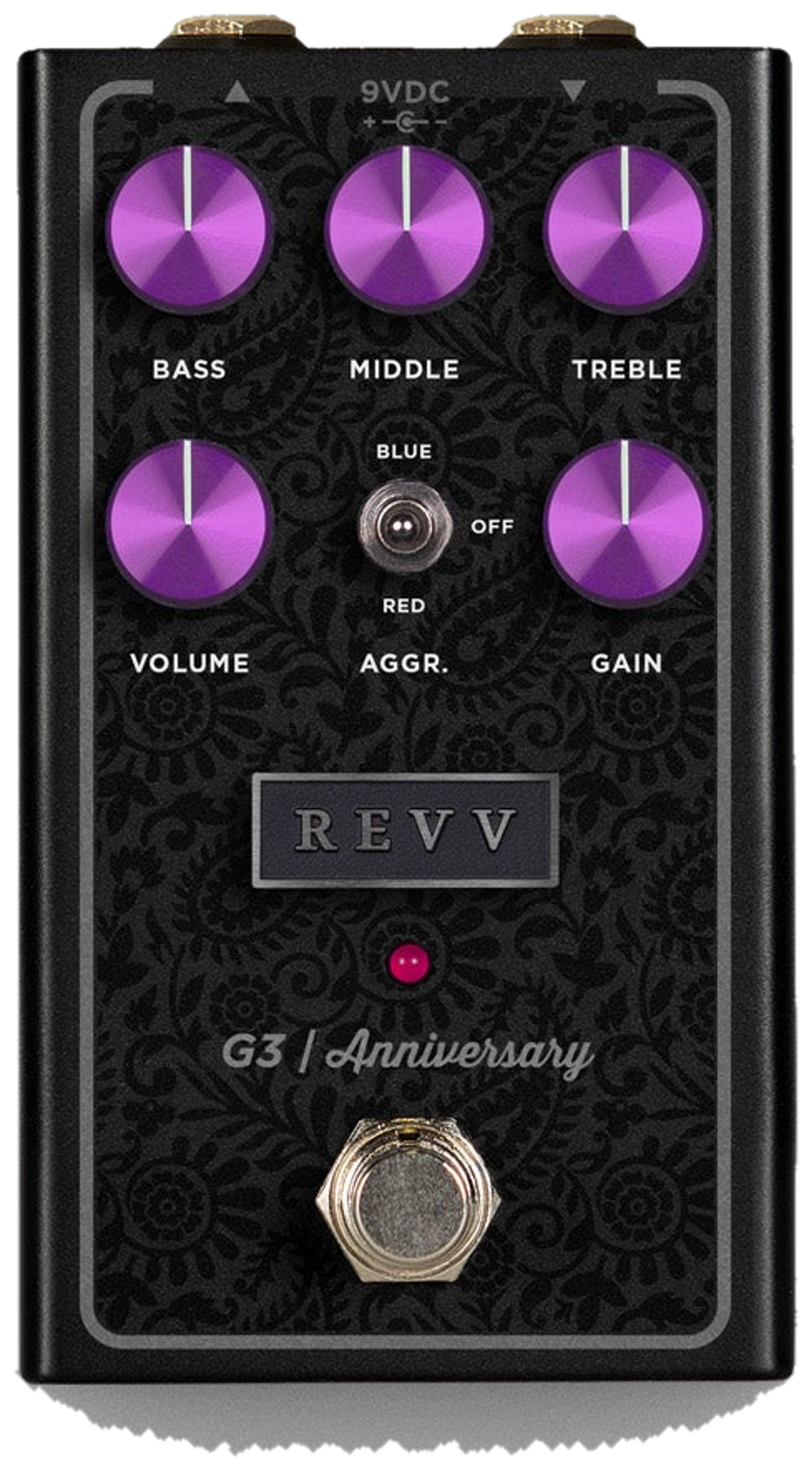 REVV G3 Anniversary Edition, top-down view, black patterned enclosure, purple knobs, Aggression toggle